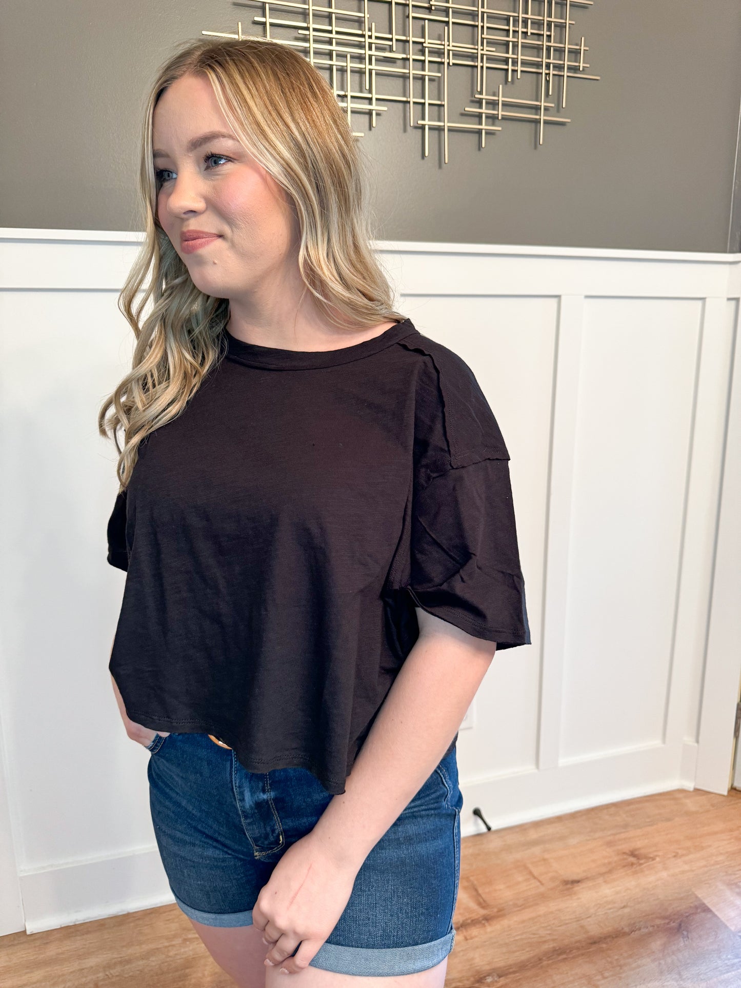 Rizzo Cotton Slub Cropped Tee, Black