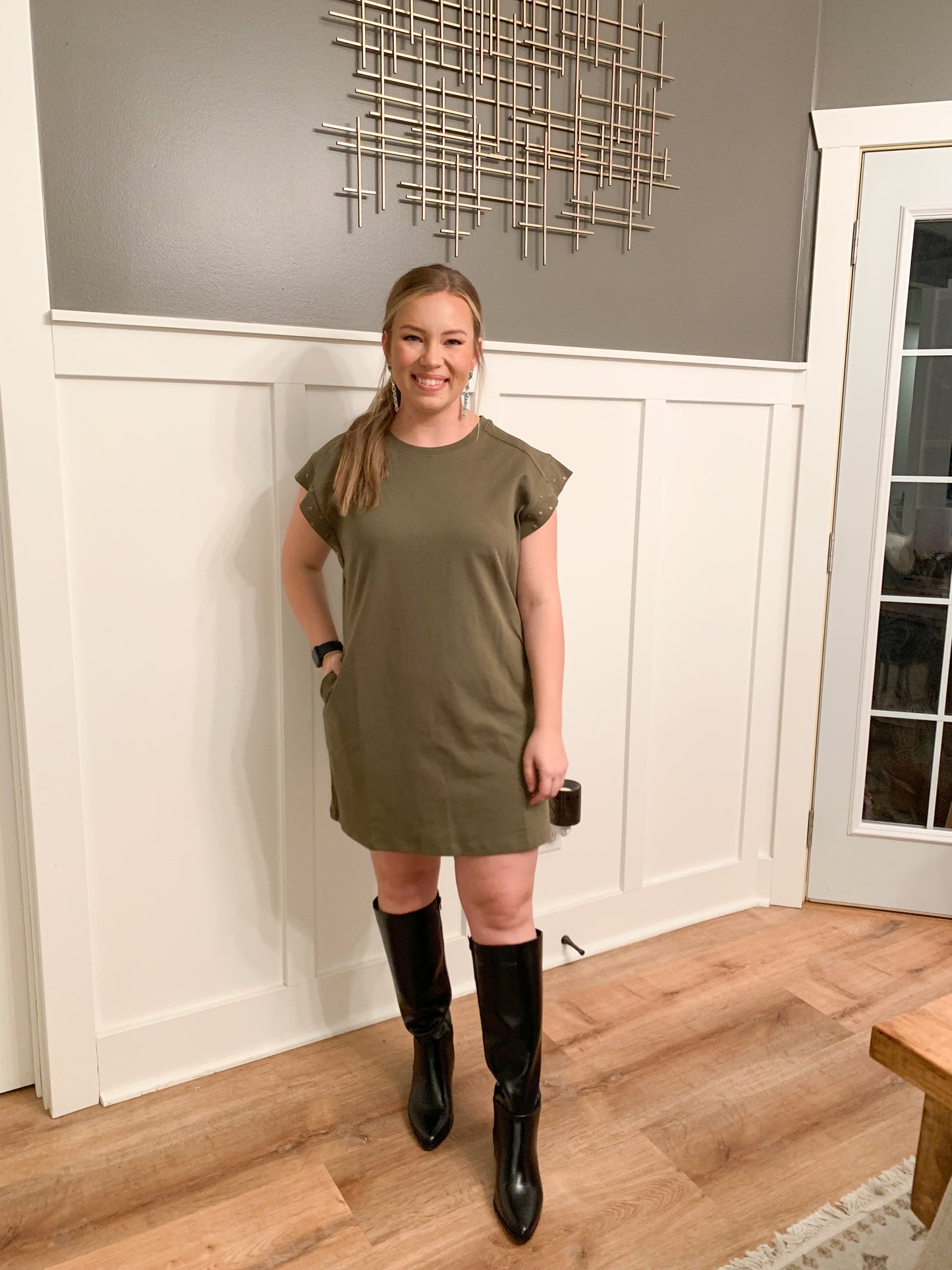 Margo T-Shirt Dress with Studded Sleeves, Olive