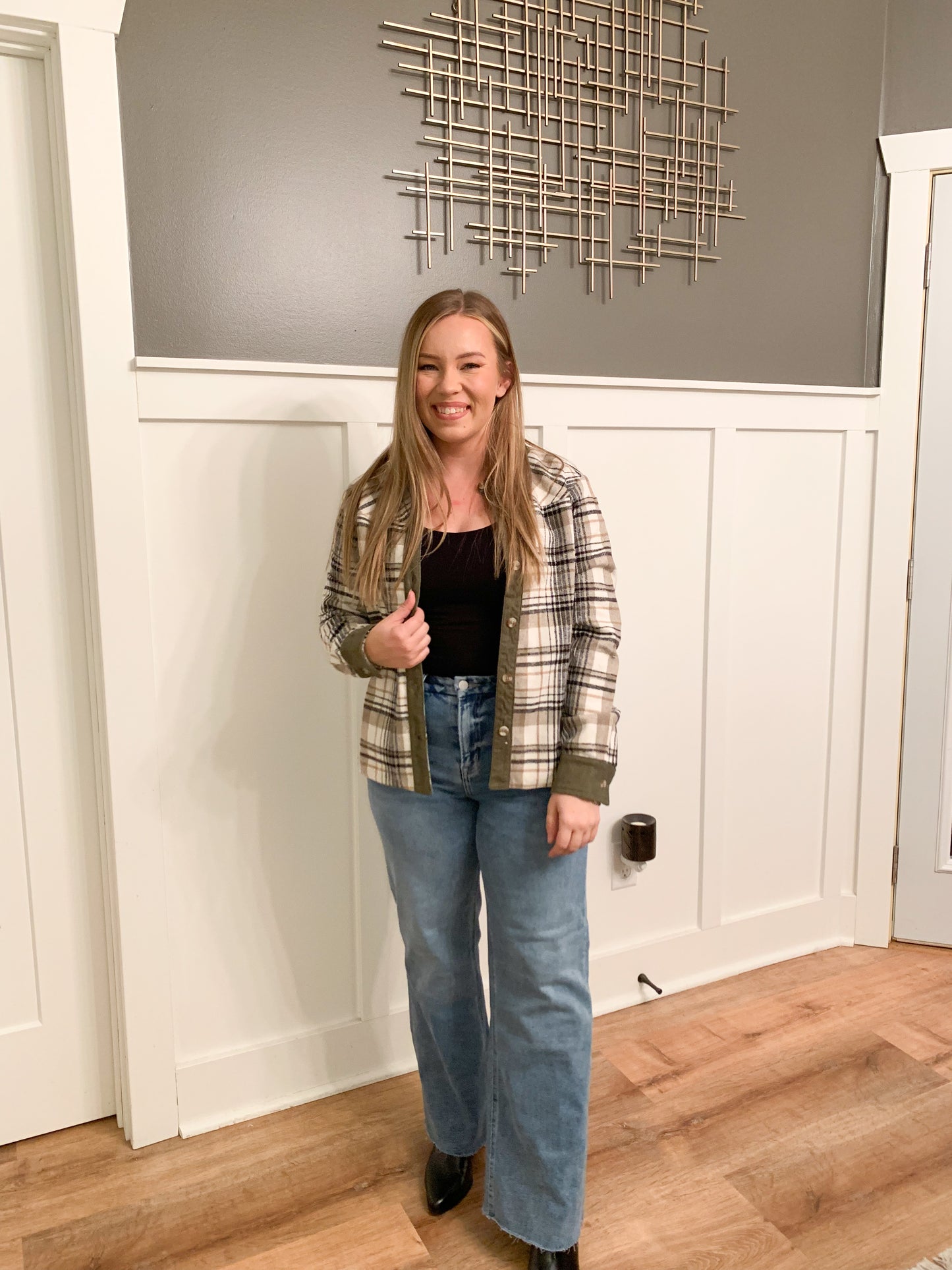 Marley Brushed Plaid Crop Shacket, Taupe/Olive