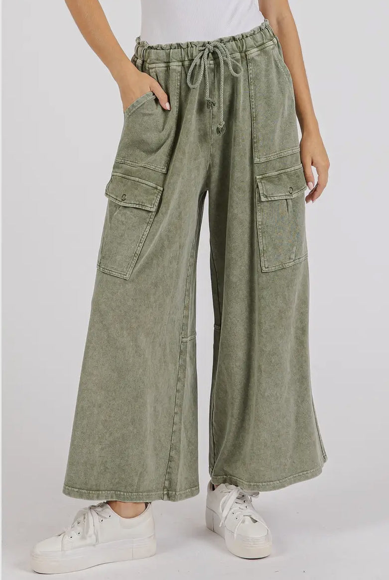 Lillian Washed French Terry Wide Leg Cargo Pants, Olive