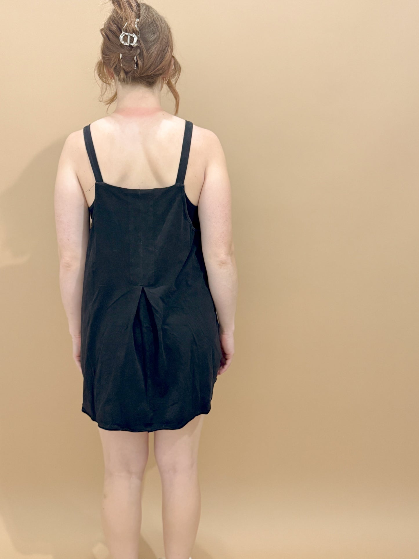 Margot Mineral Washed Knit Mini Dress w/ Romper Underneath, Black