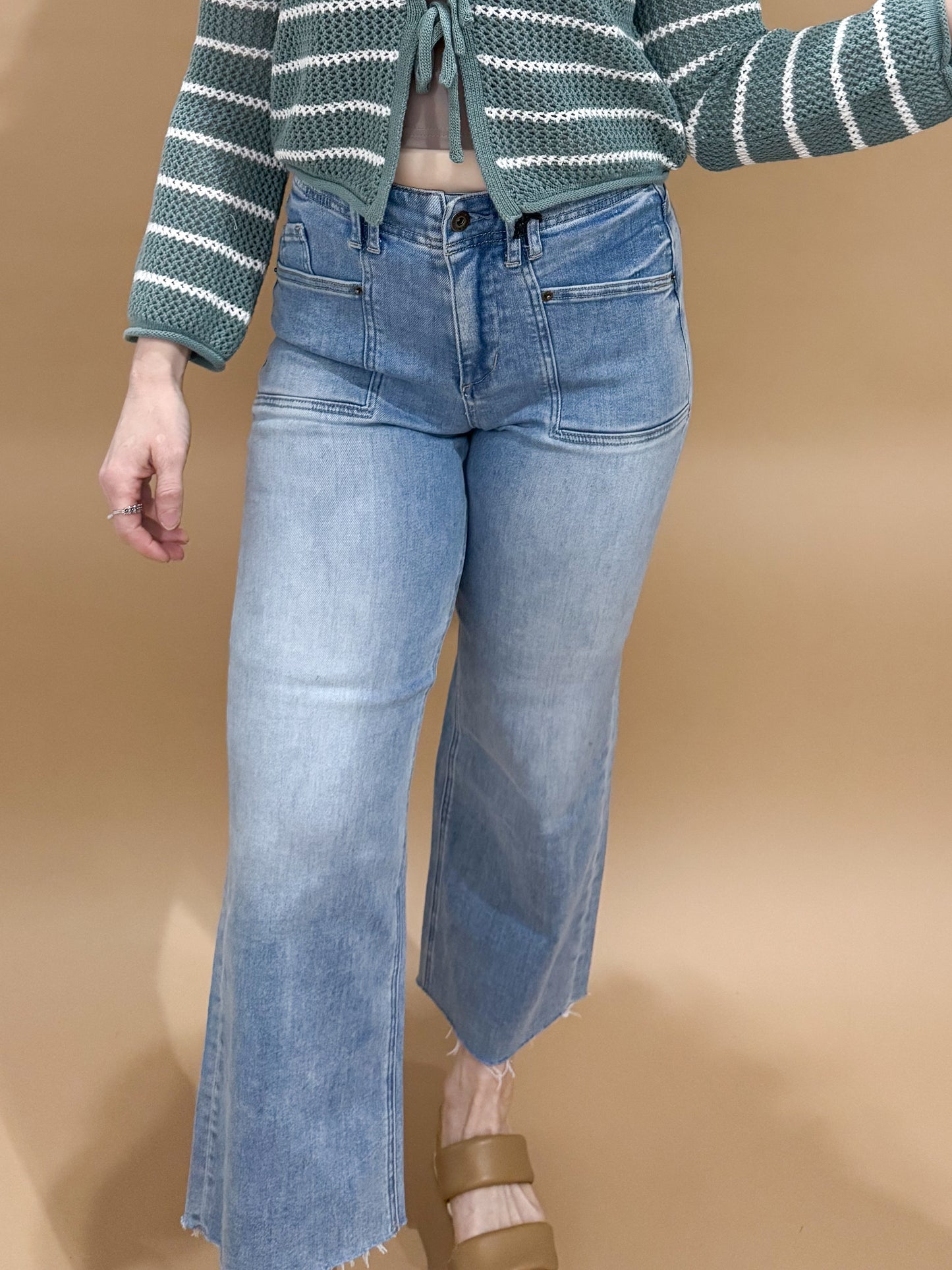 Eliza Super High Rise Wide Leg Crop w/ Square Front Pockets, Mica Denim