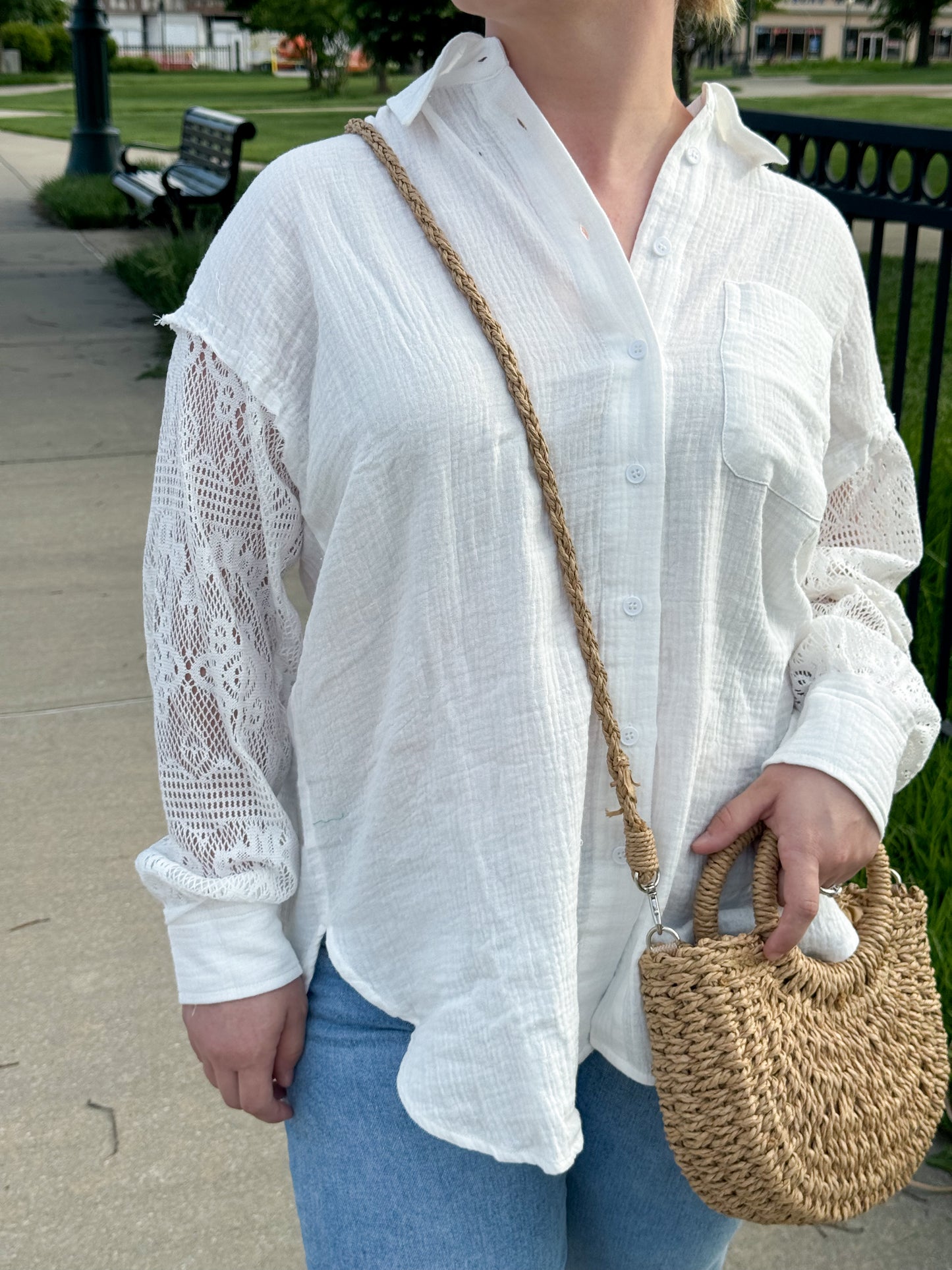 Athens Linen Button Up w/ Crochet Sleeves, White