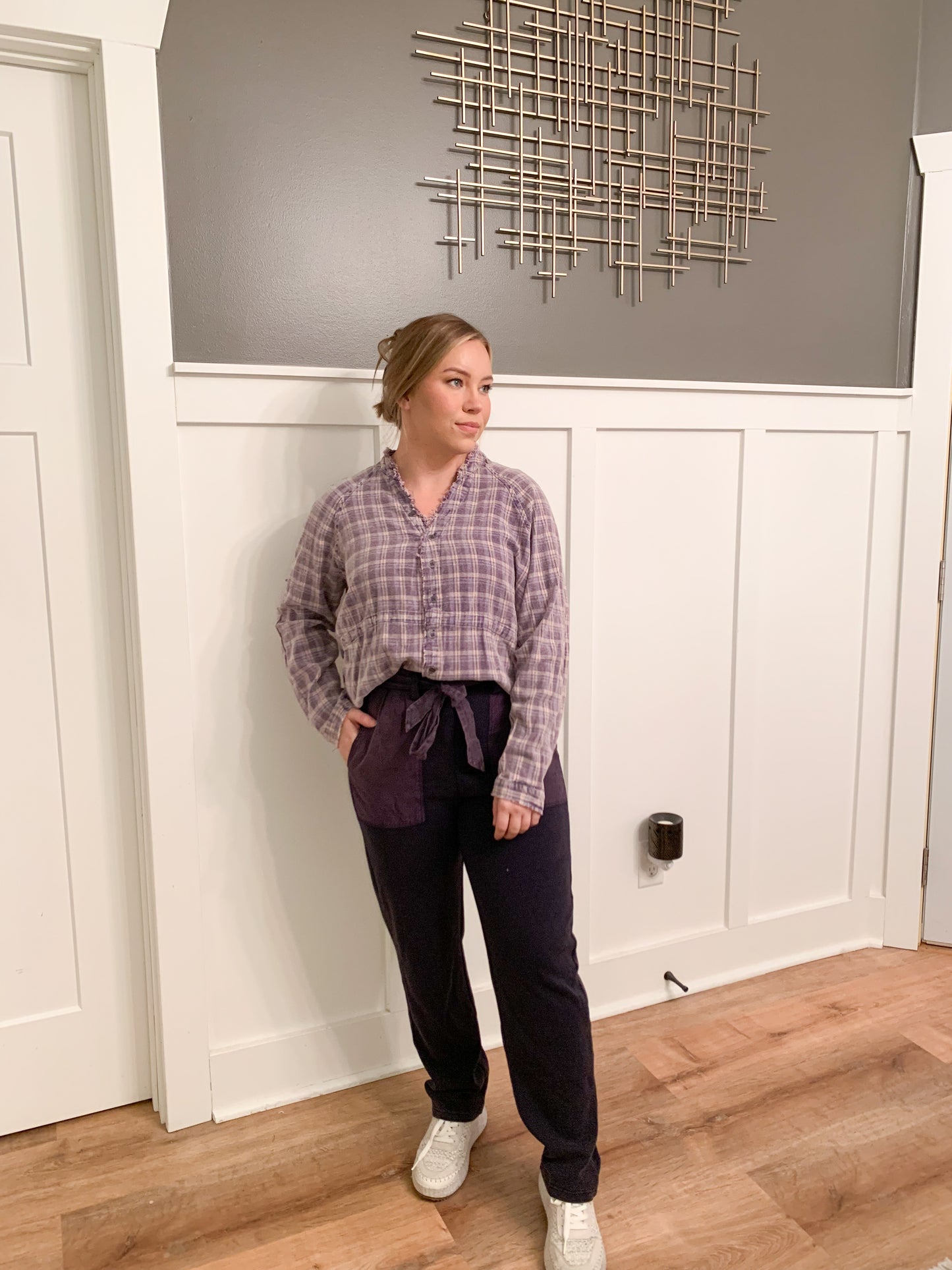 Sophia Mineral Washed Plaid Tunic Shirt, Purple