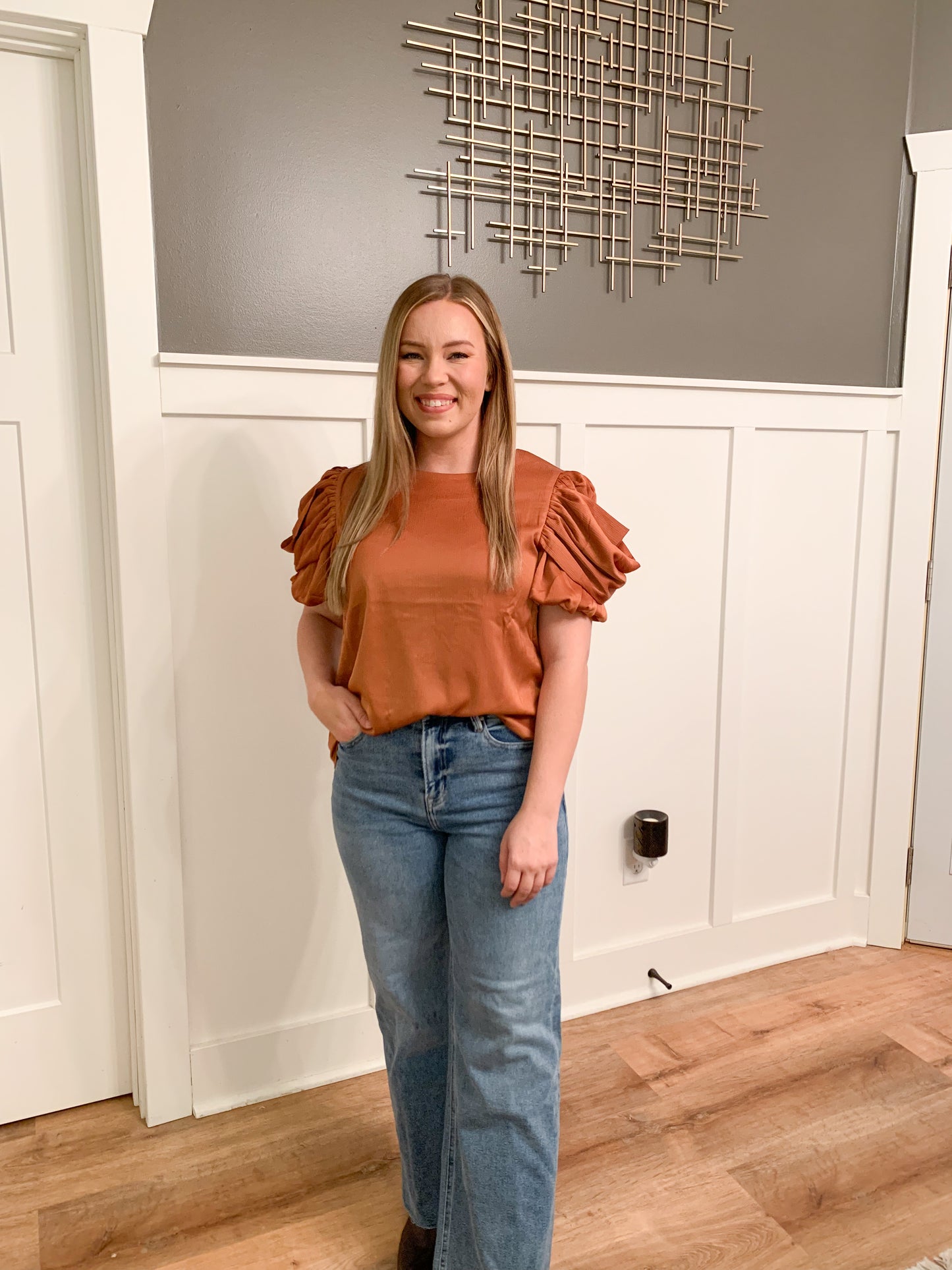 Avery Satin Fall Drape Sleeve Detail Blouse, Bronze