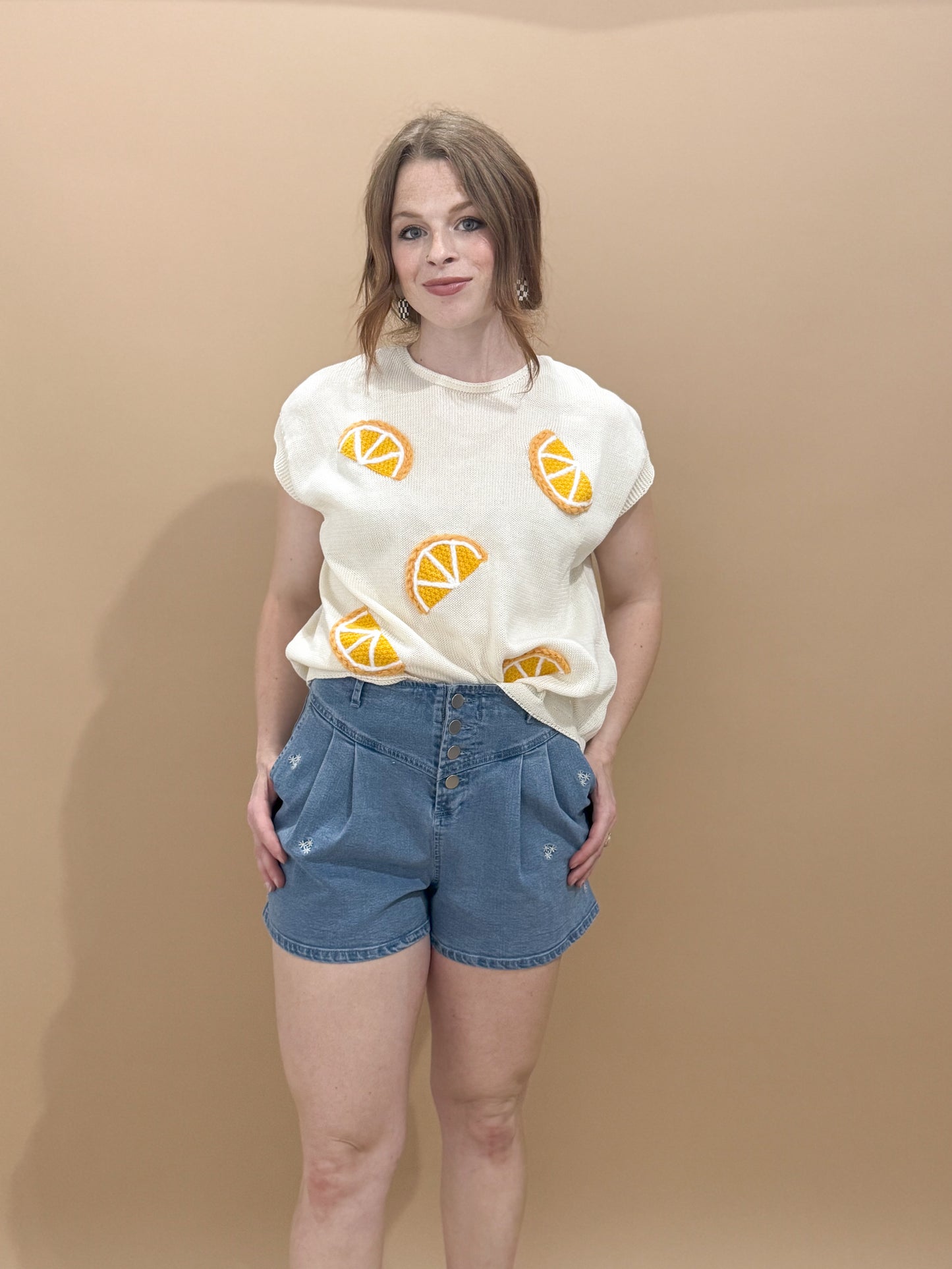 Greta Floral Embroidered Pleated Denim Shorts, Lt Denim