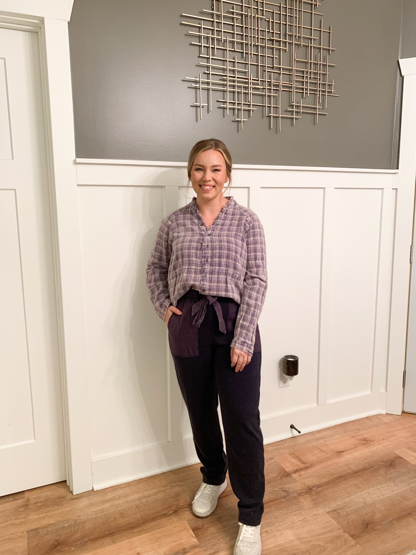 Sophia Mineral Washed Plaid Tunic Shirt, Purple