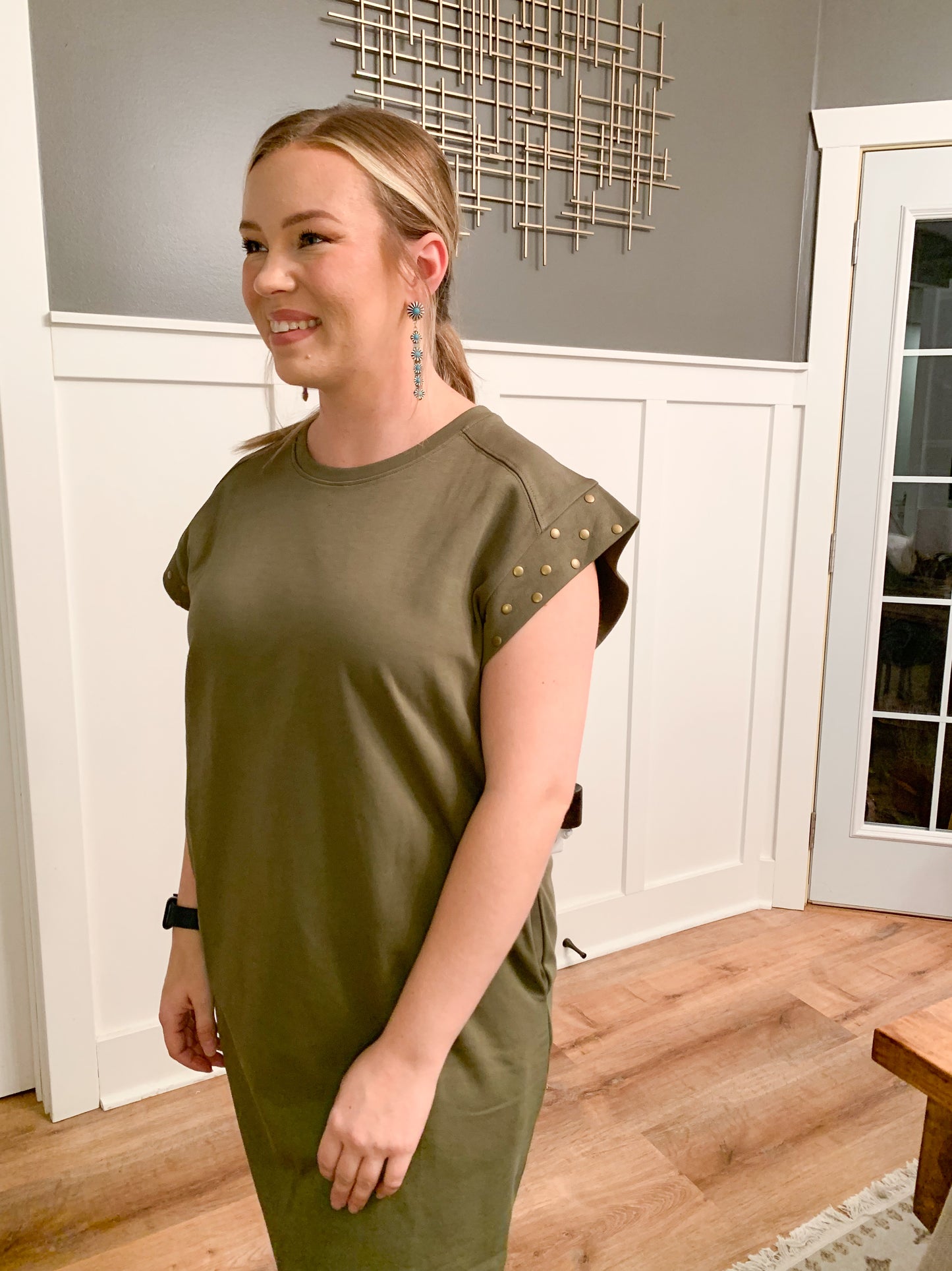 Margo T-Shirt Dress with Studded Sleeves, Olive