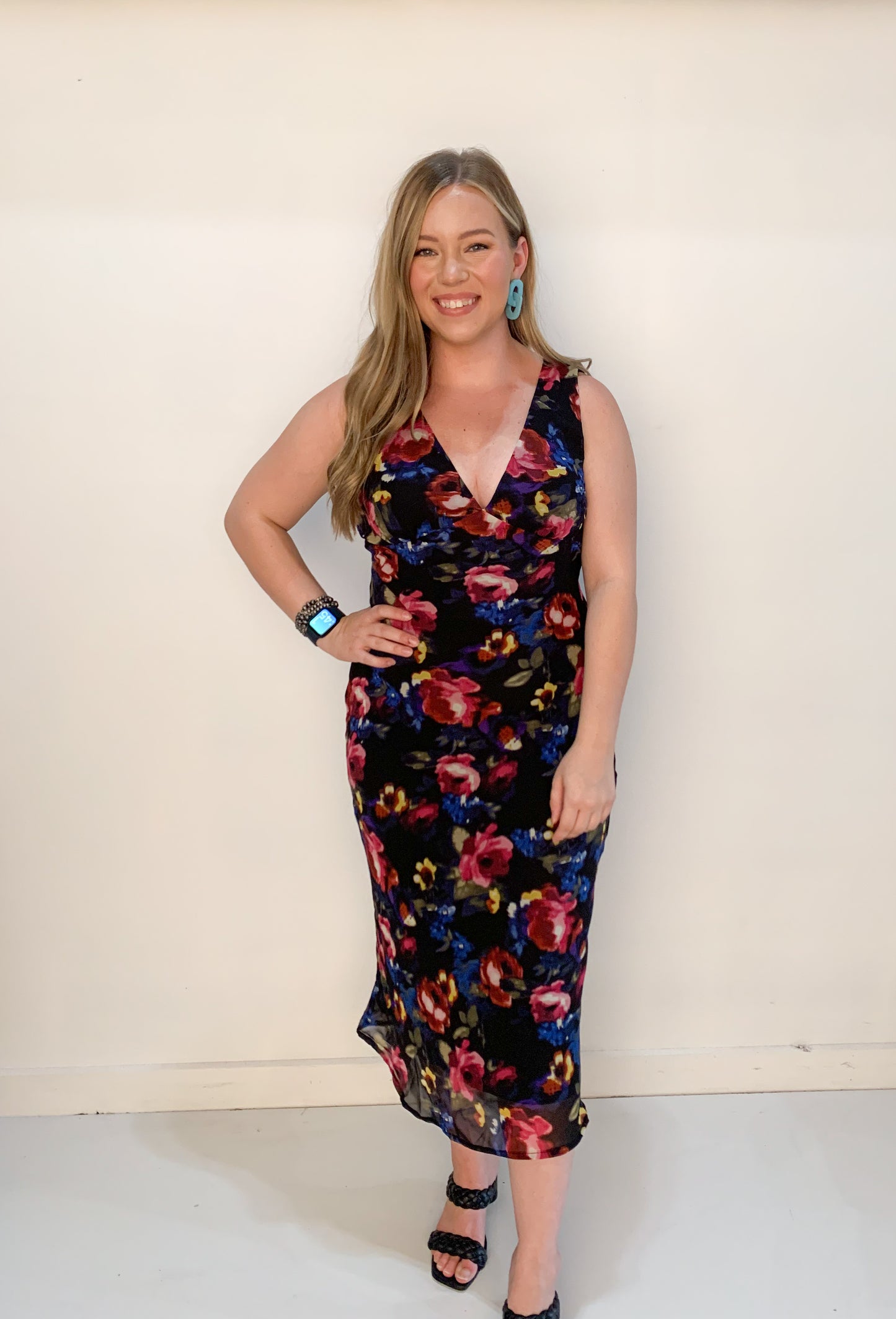 Brittany V-Neck Floral Slip Dress, Black Multi