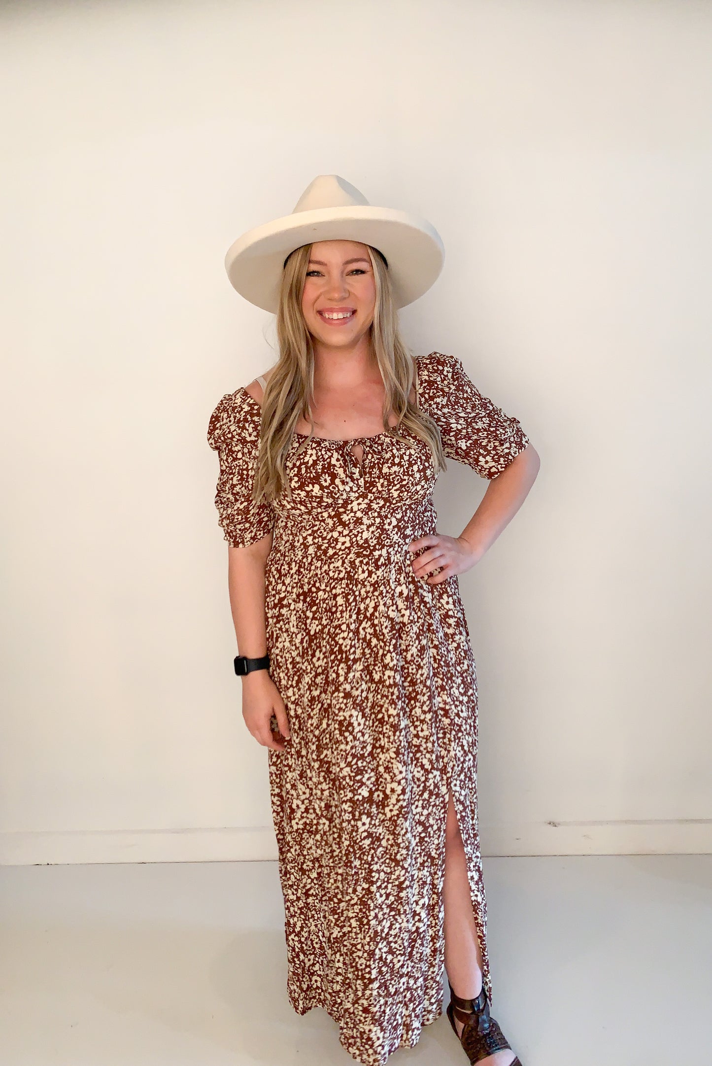 Sutton Floral Print Dress with Sweetheart Neckline, Brown