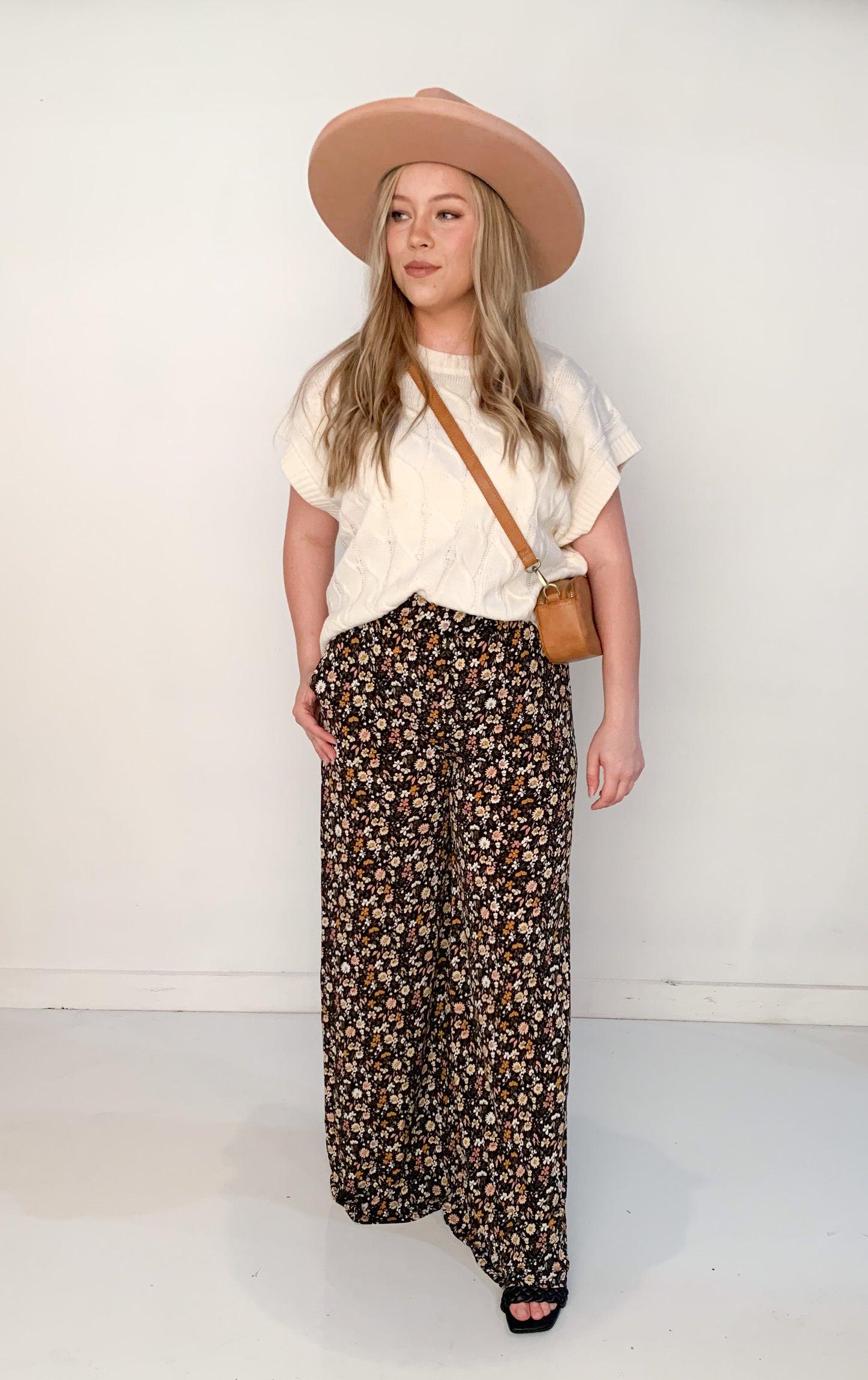 Ditzy Floral Wide Leg Pants, Black