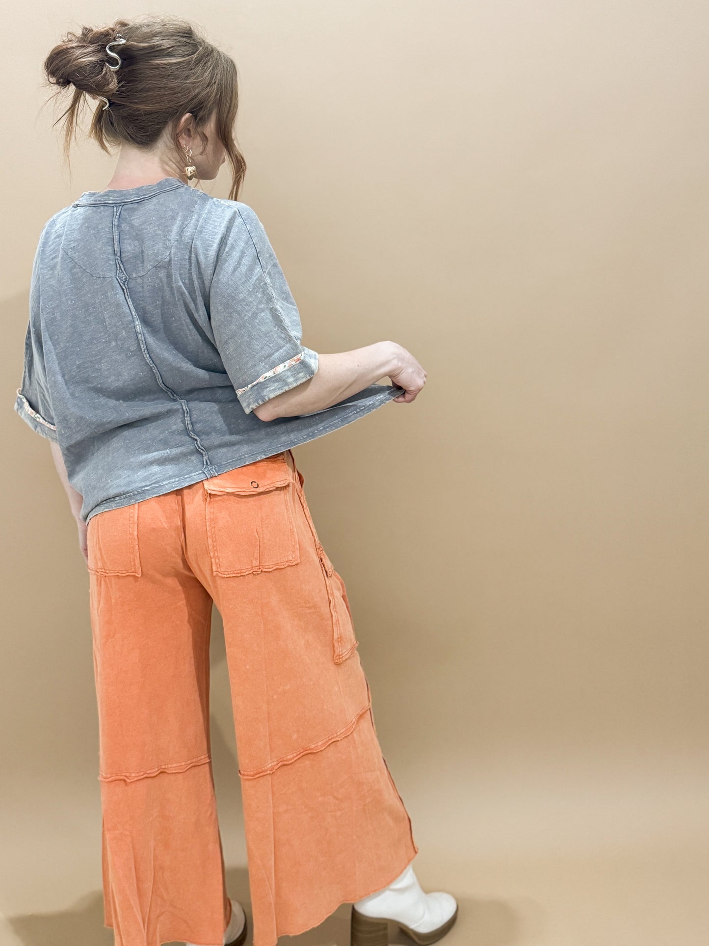 Finleigh Mineral Washed Wide Leg Cargo Lounge Pants, Faded Rust