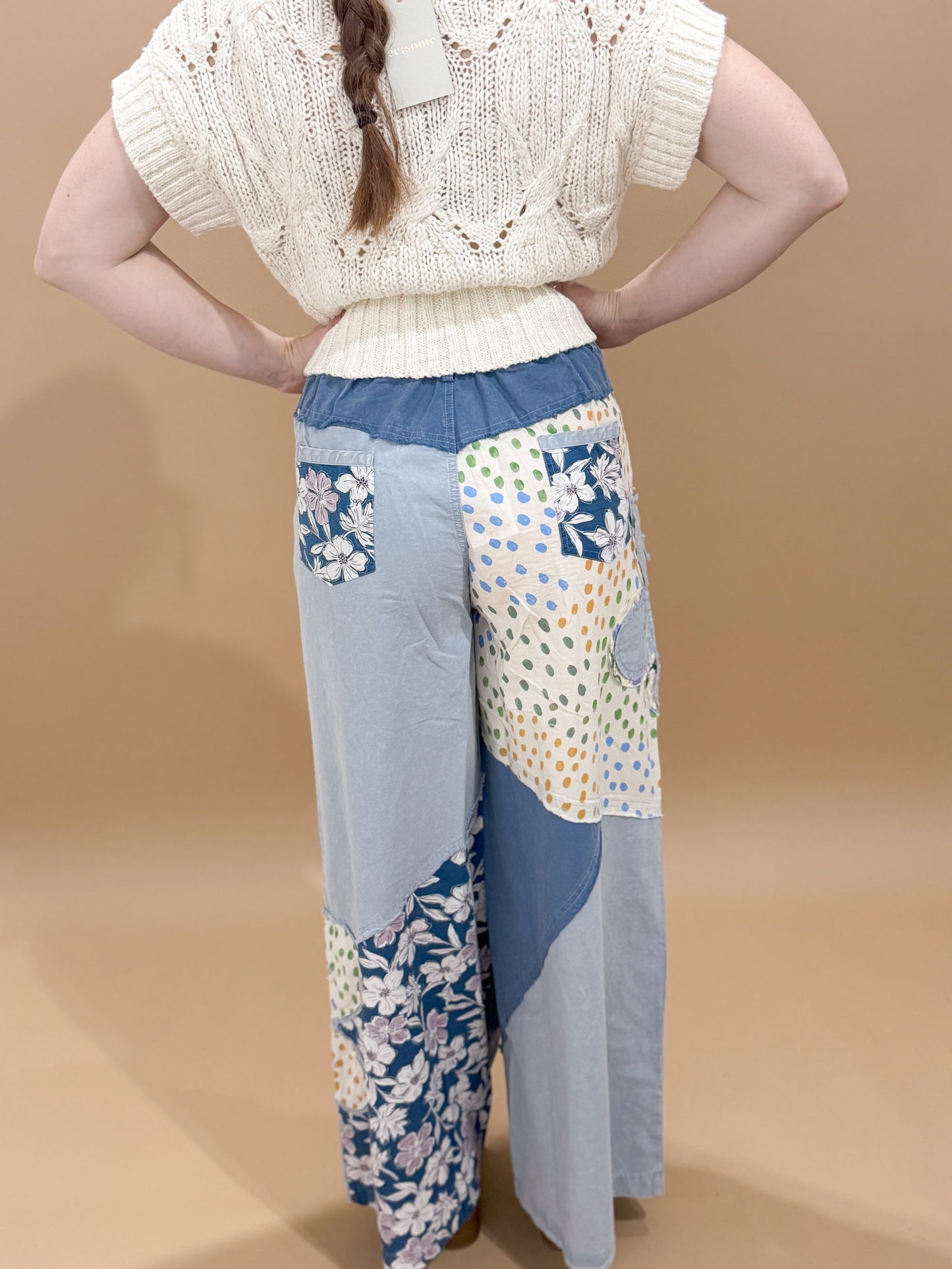 Anika Flower Patch Mixed Print Woven Wide Leg Pants, Denim