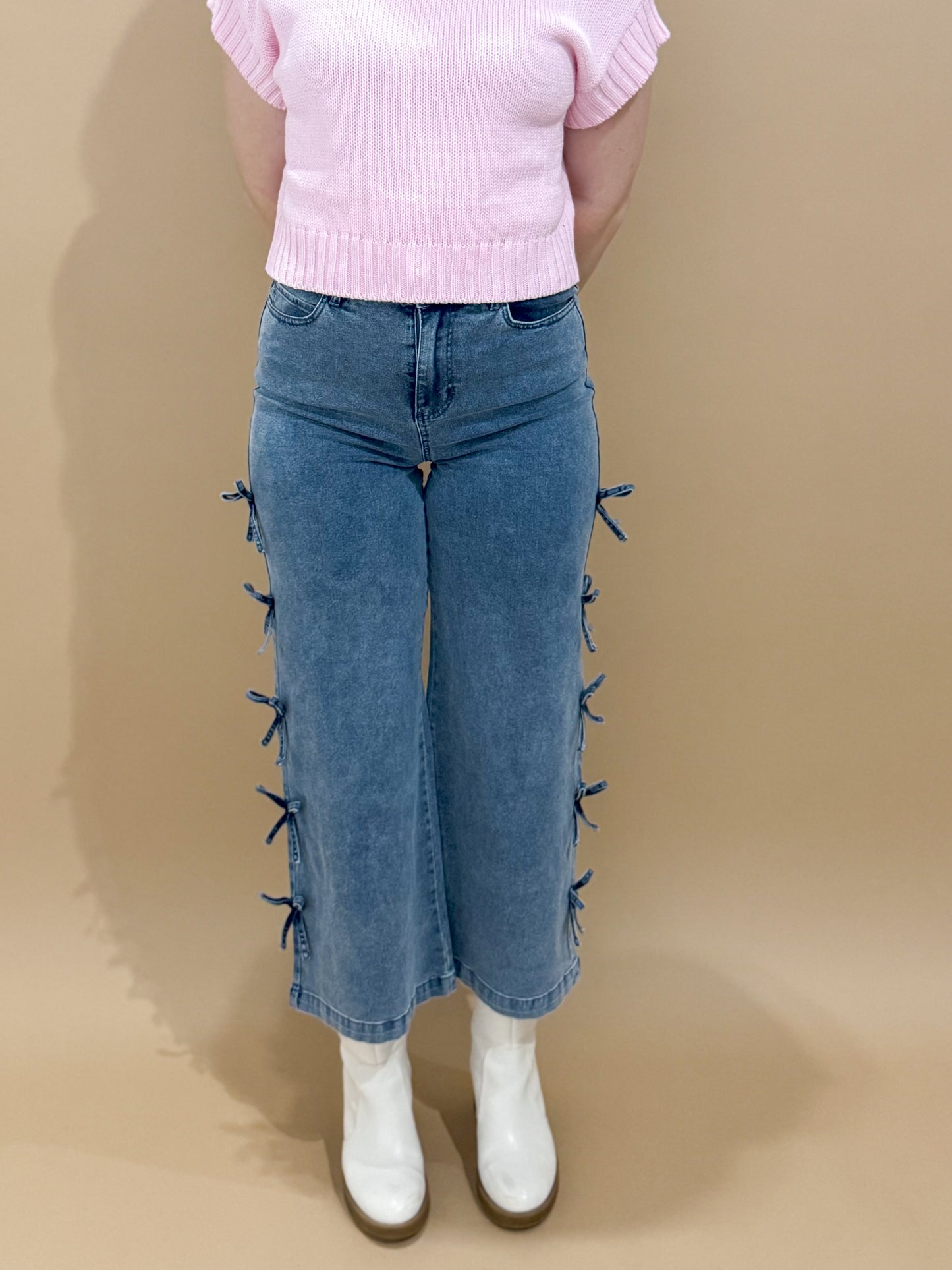 Gracie Wide Leg Crop Denim with Bow Detail