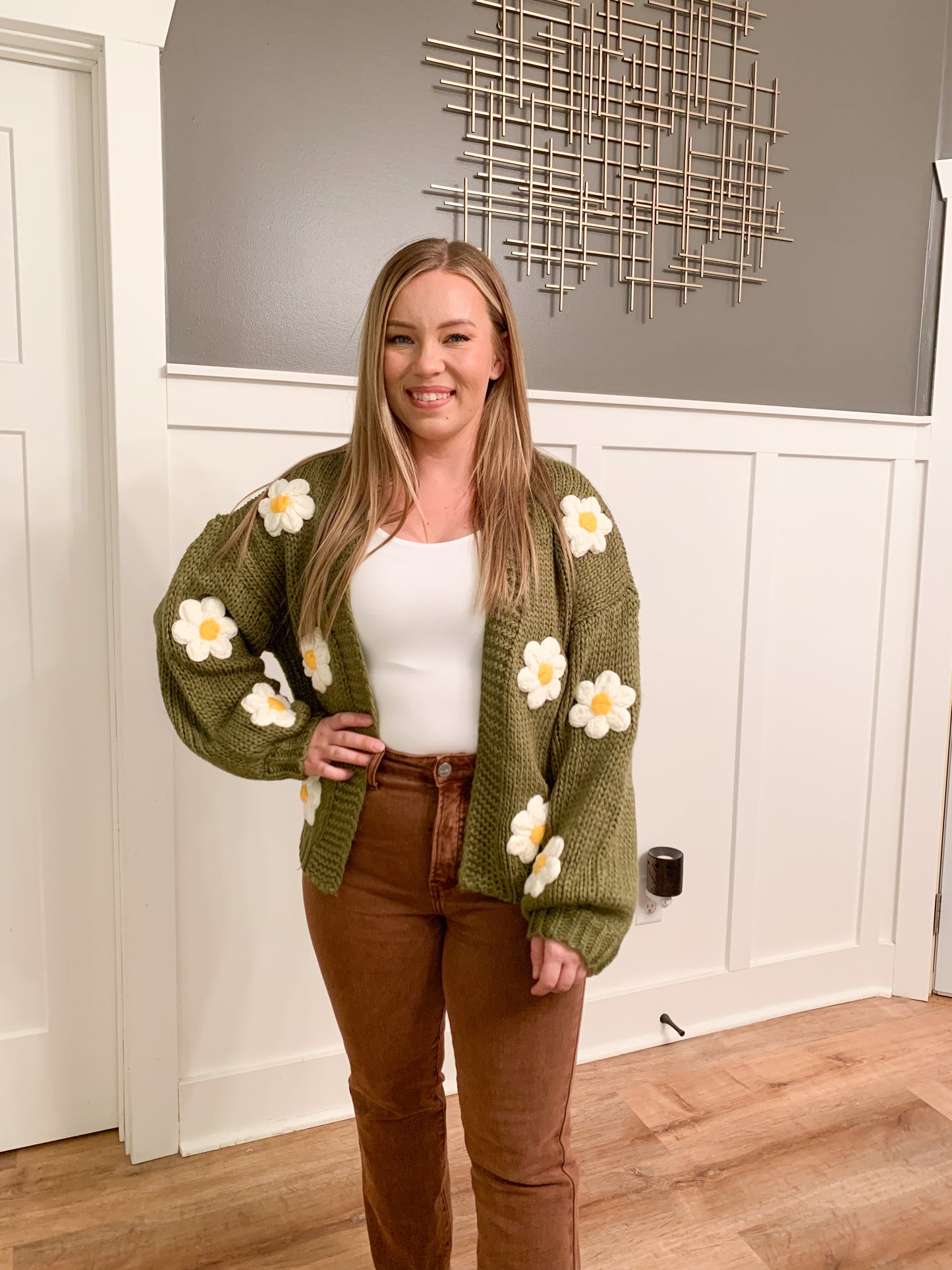 Olli Knit Bubble Sleeve Floral Cardigan, Olive