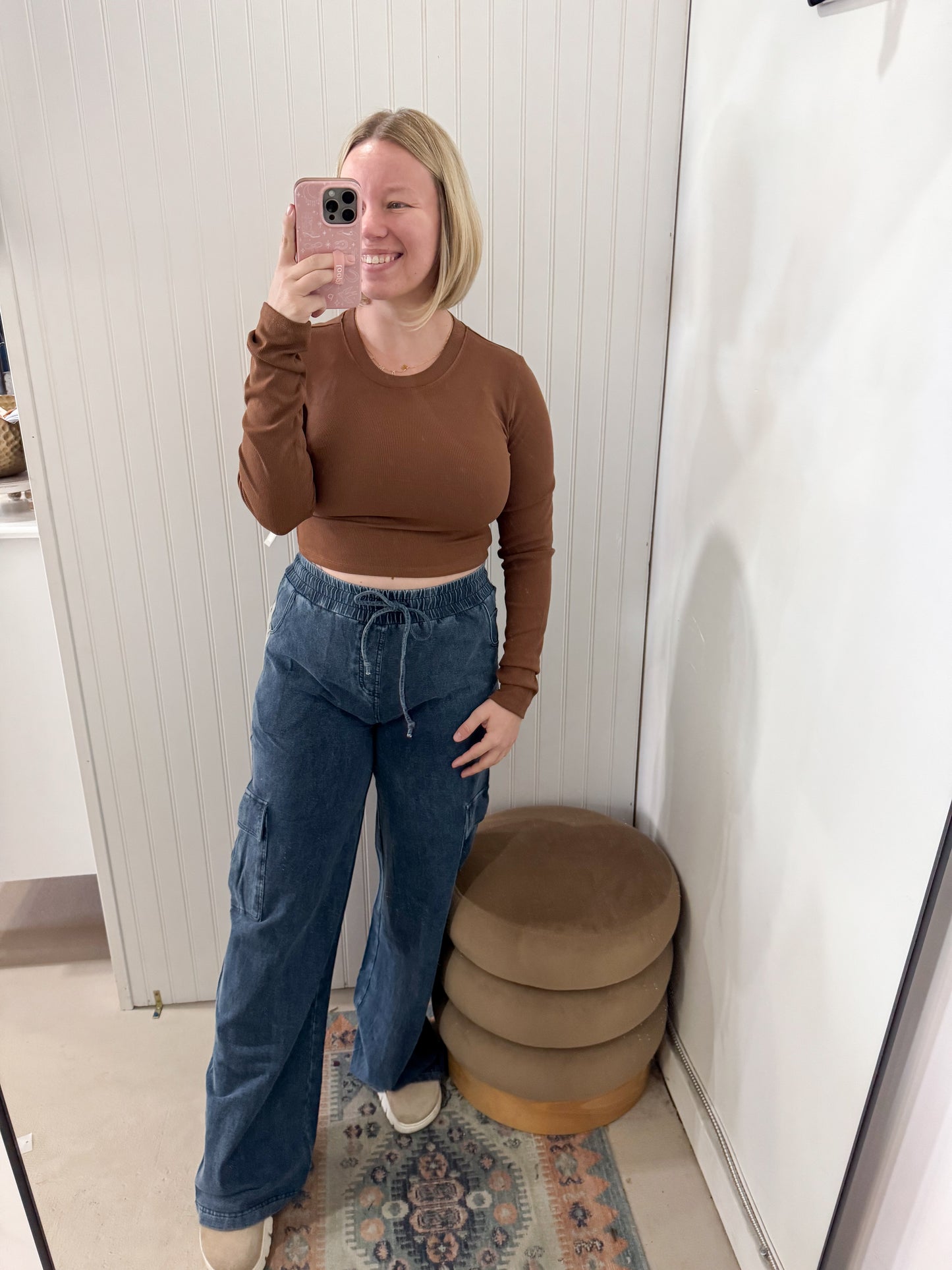 Vanessa Essential Micro-Rib Cropped Long Sleeve Athleisure Top, Cocoa Dust