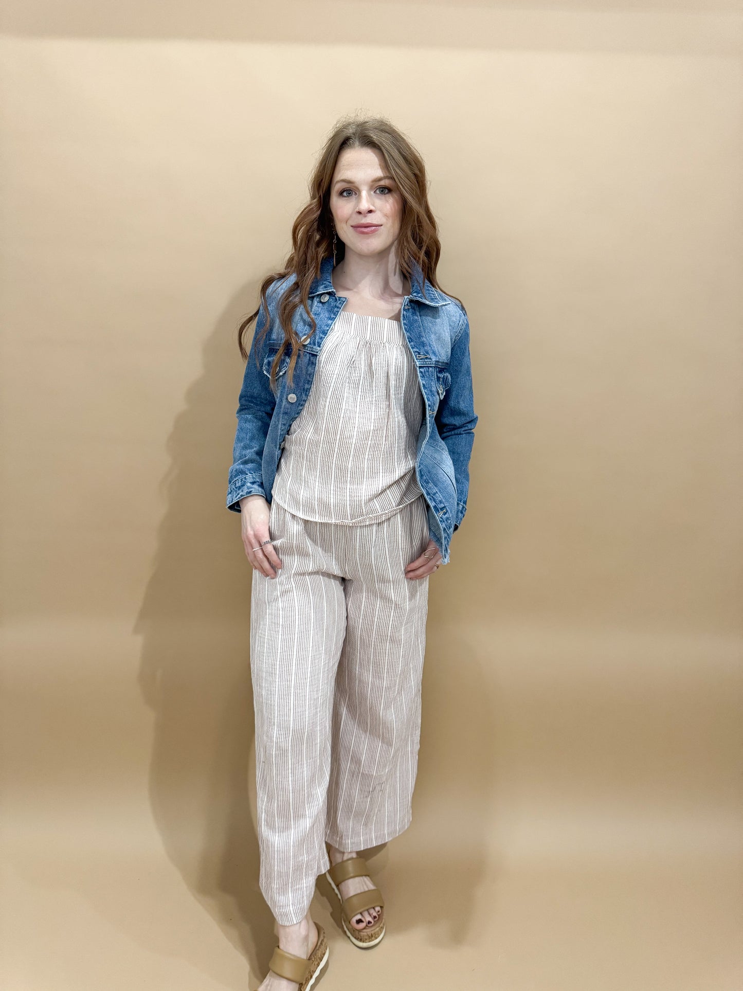 Zena Striped Gauze Flowy Cropped Leg Pants, Amber (matching set)