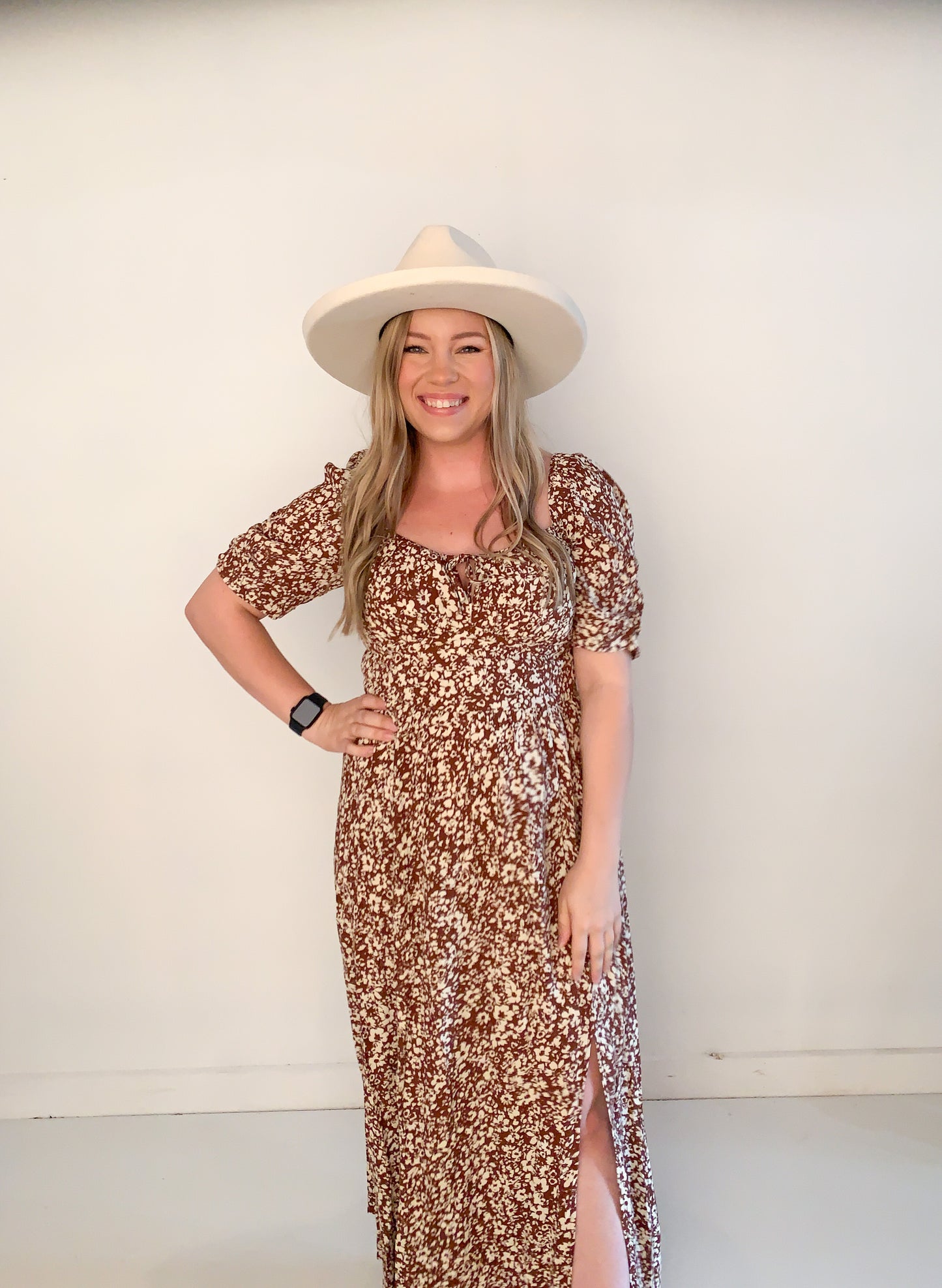 Sutton Floral Print Dress with Sweetheart Neckline, Brown