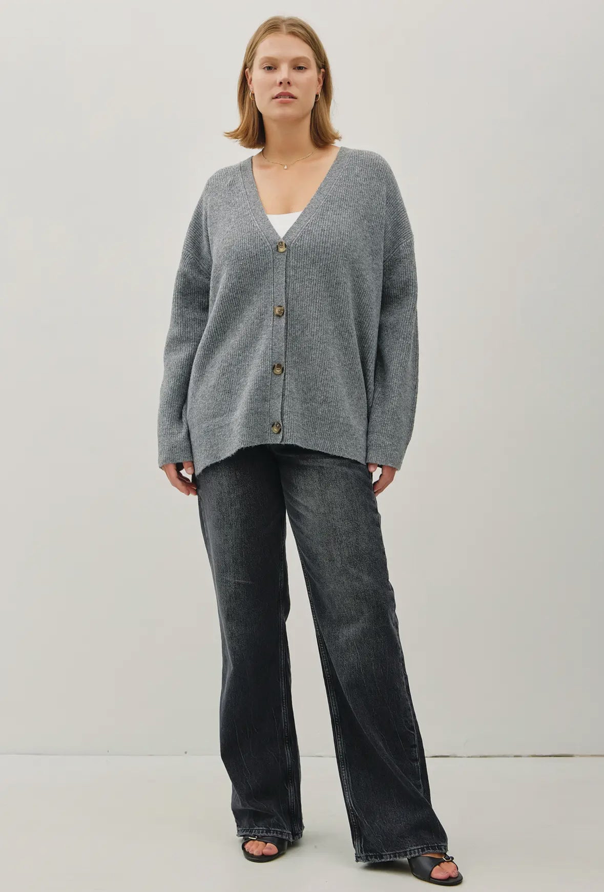 Opal V-Neck Button Down Ribbed Cardigan Plus, Charcoal