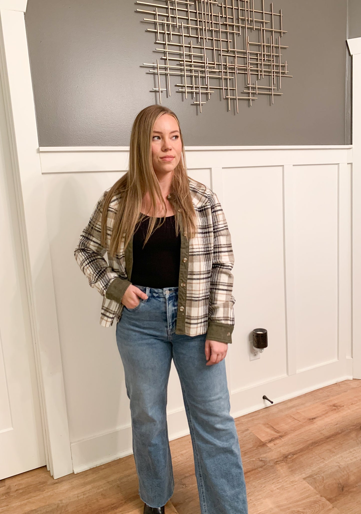 Marley Brushed Plaid Crop Shacket, Taupe/Olive