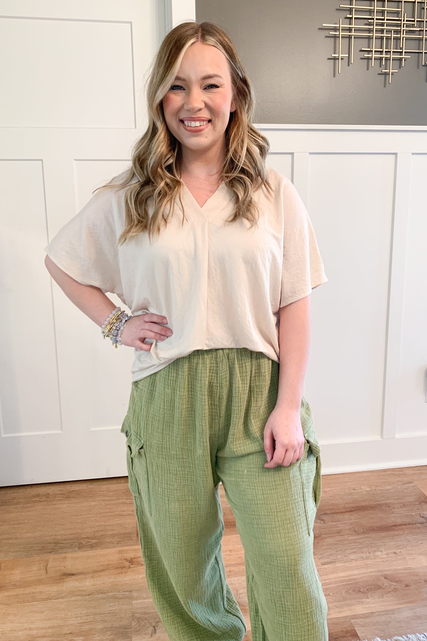 Summer Linen V-Neck Top, Beige