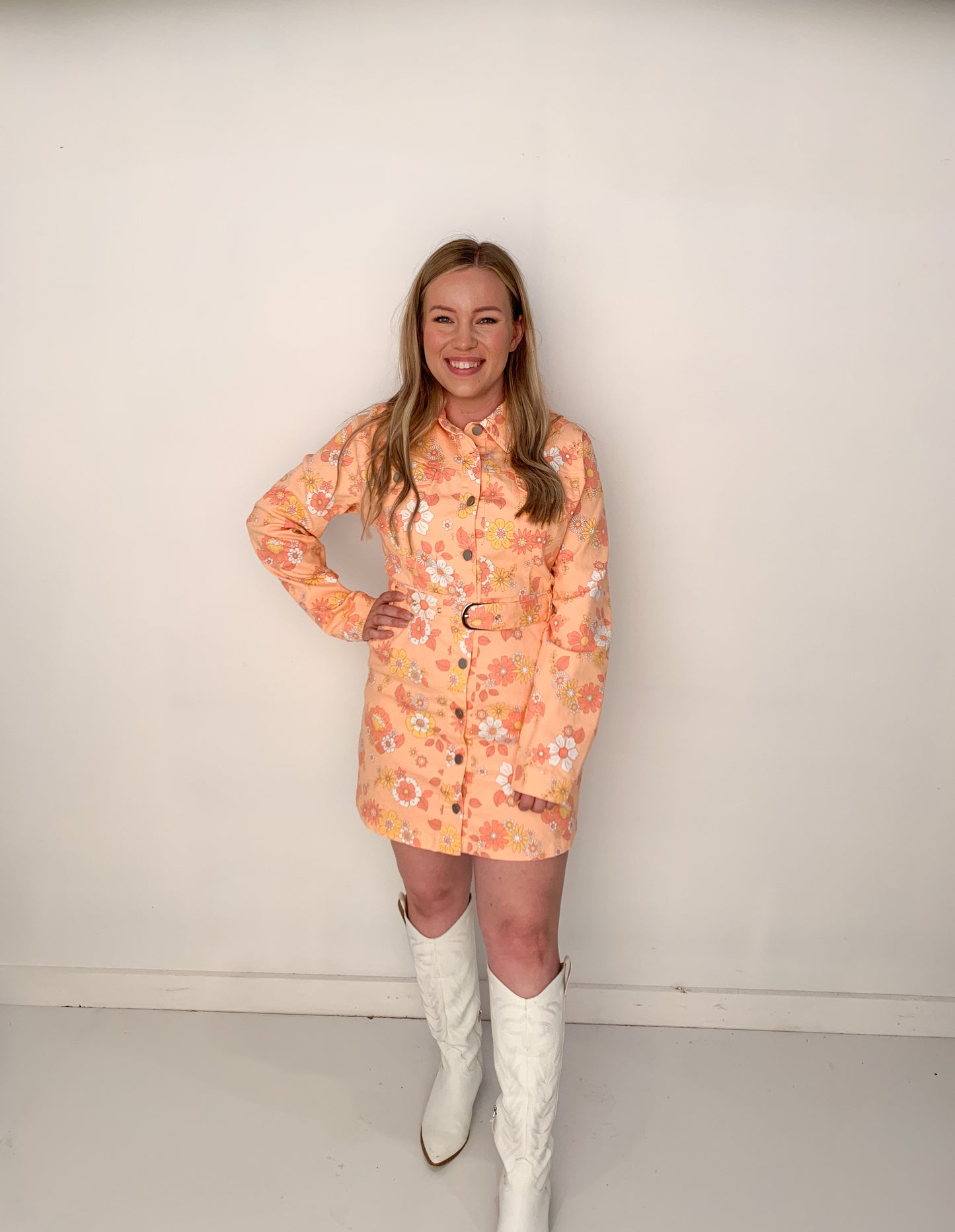 Sam Groovy Floral Print Button Up Mini Dress with Belt, Orange Multi