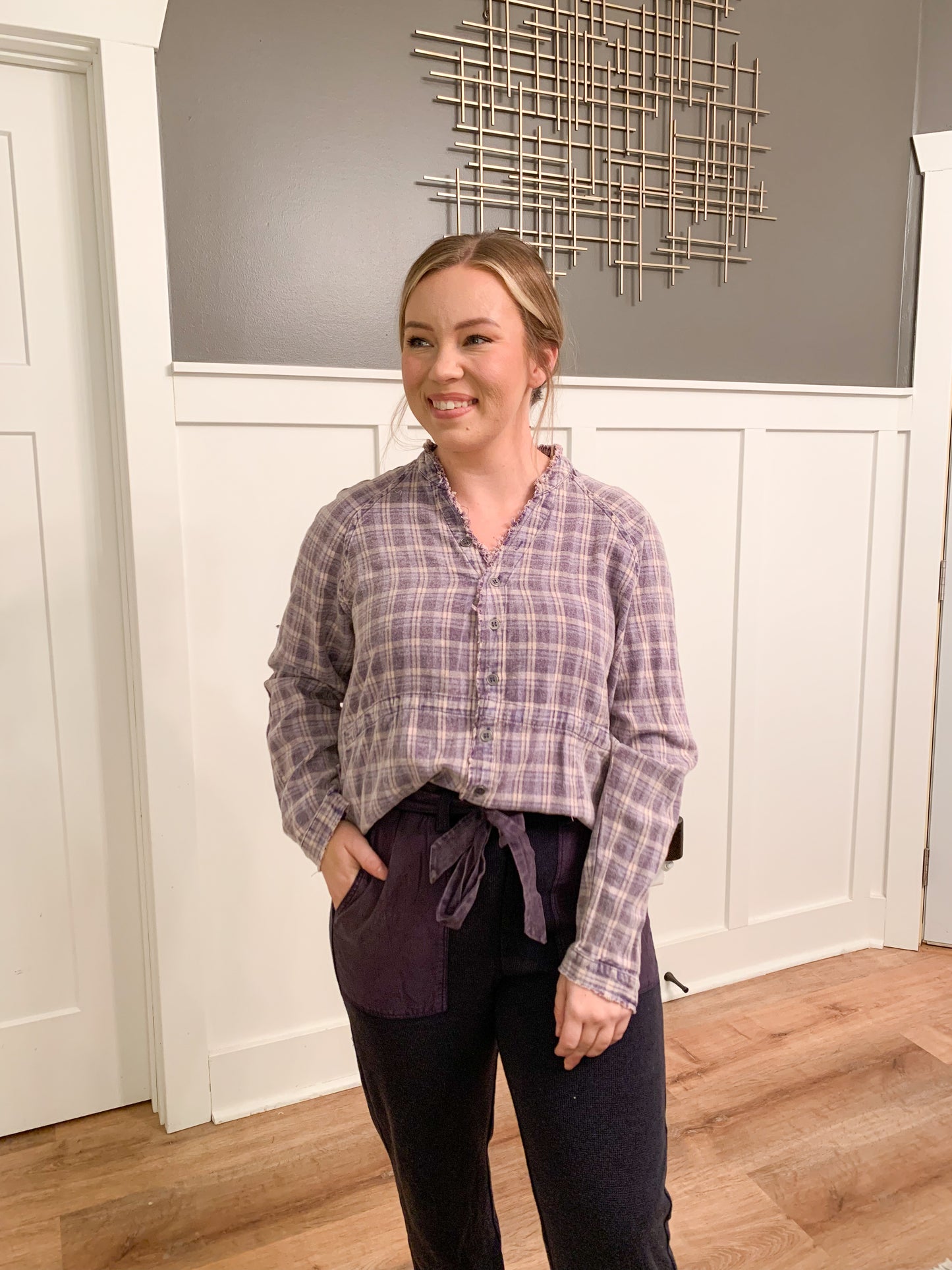 Sophia Mineral Washed Plaid Tunic Shirt, Purple