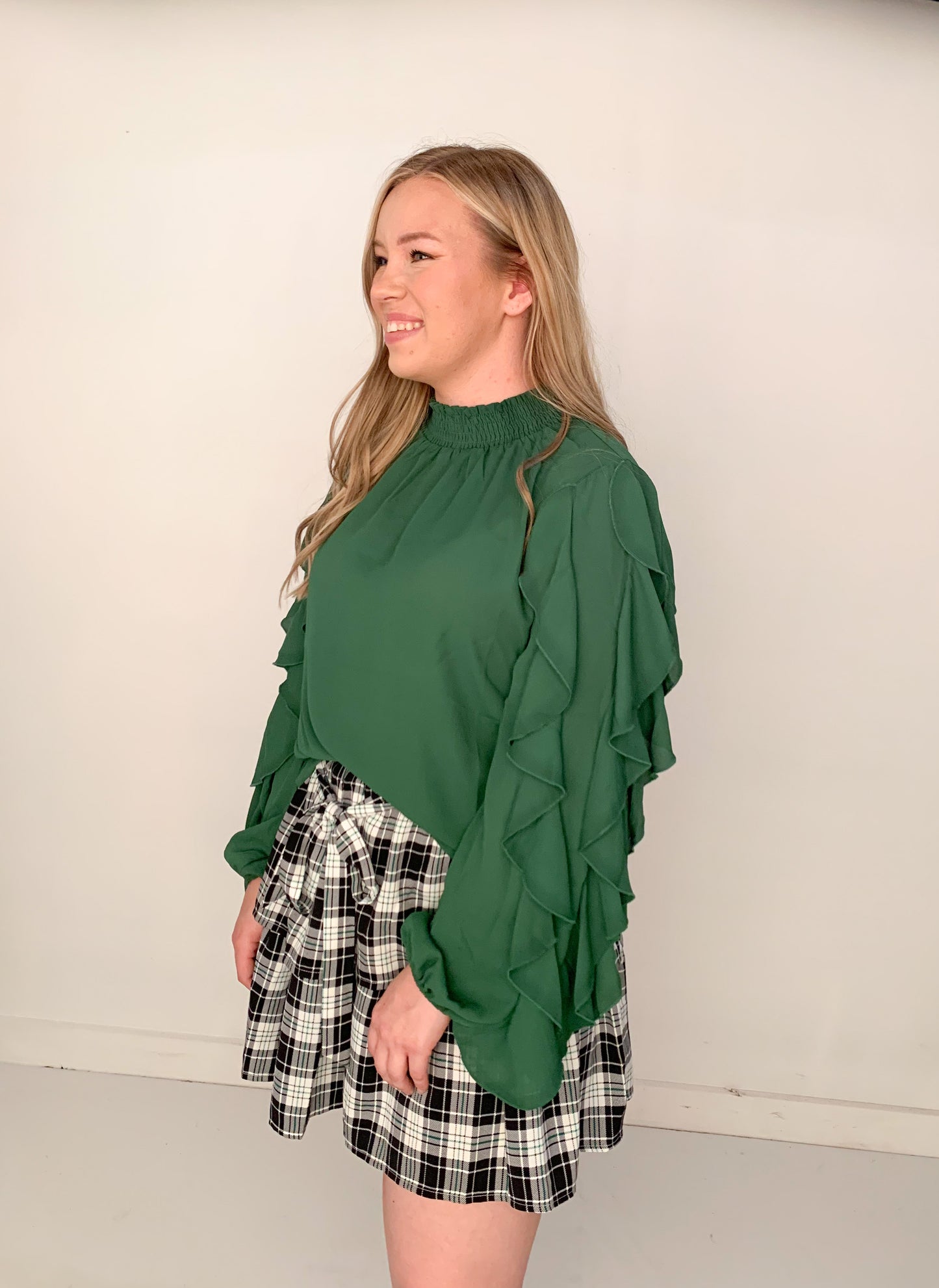 Emily Smocked Mock Neck Ruffle Sleeve Blouse, Hunter Green