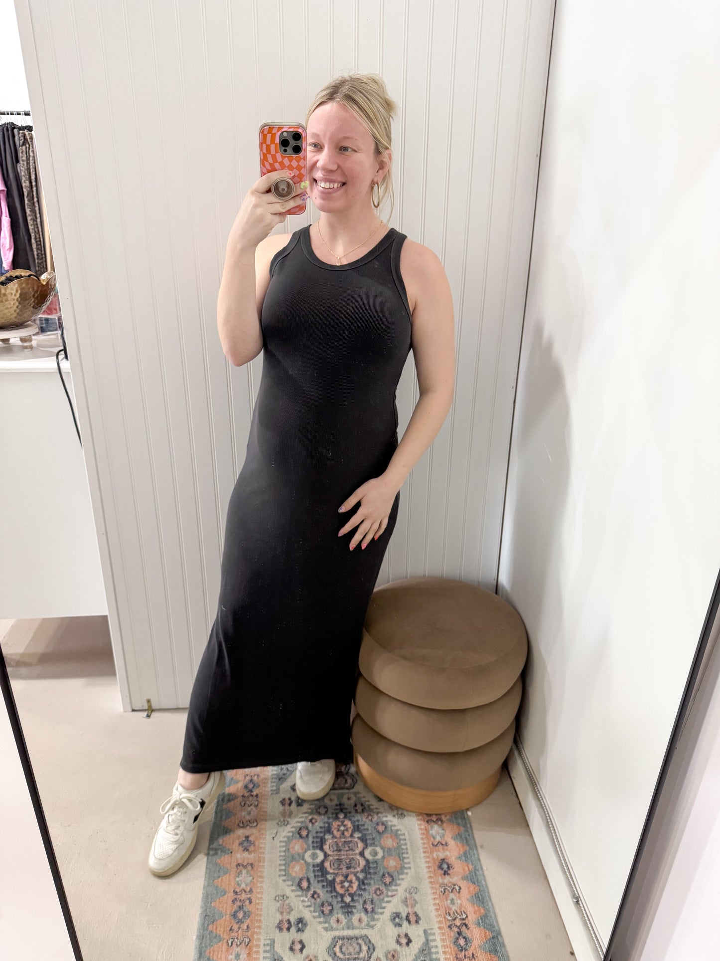 Miranda Ribbed Knit Bodycon Tank Midi Dress, Dark Charcoal