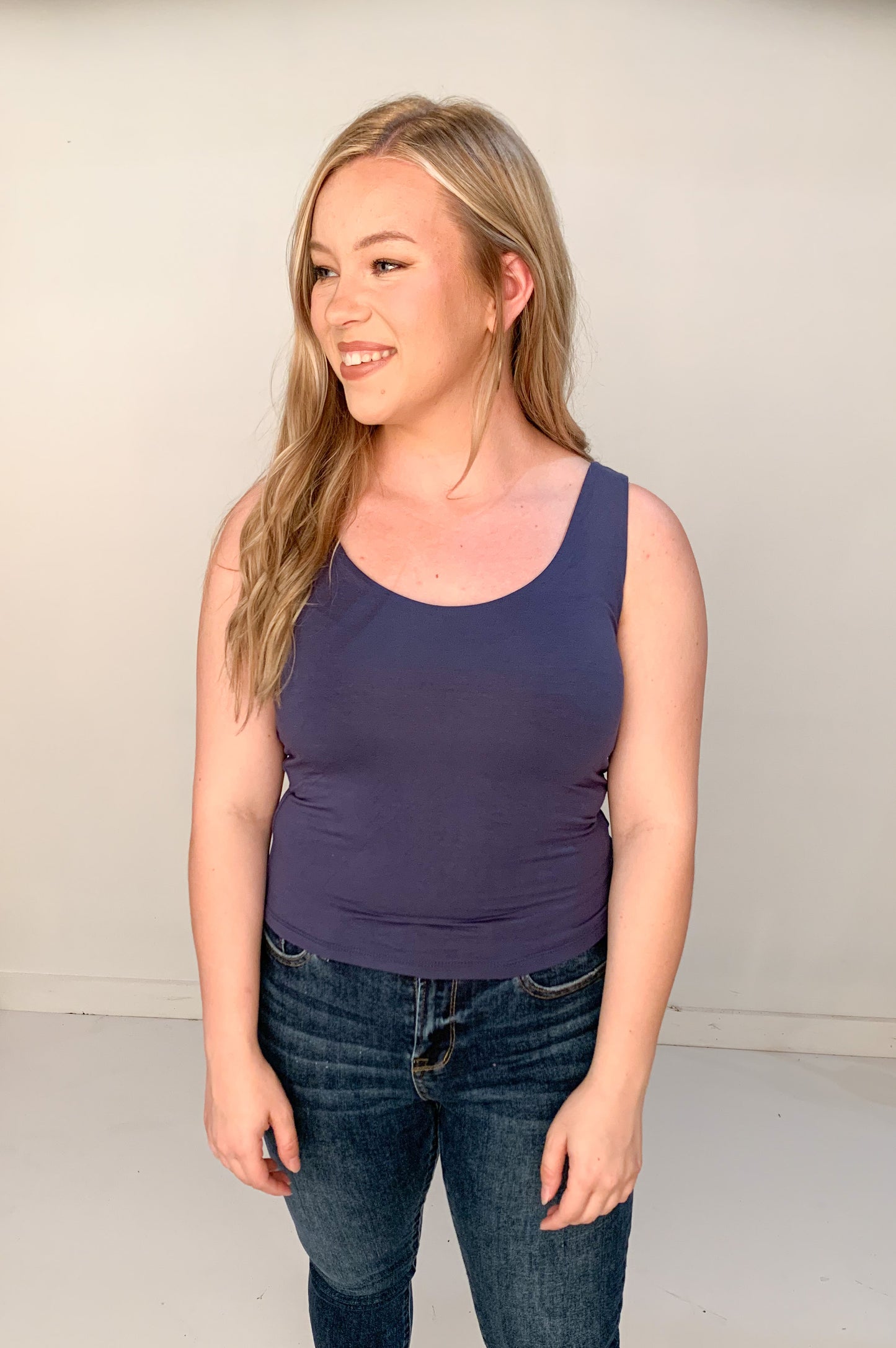 Koa Double Lined Basic Scoop Tank, Slate Blue