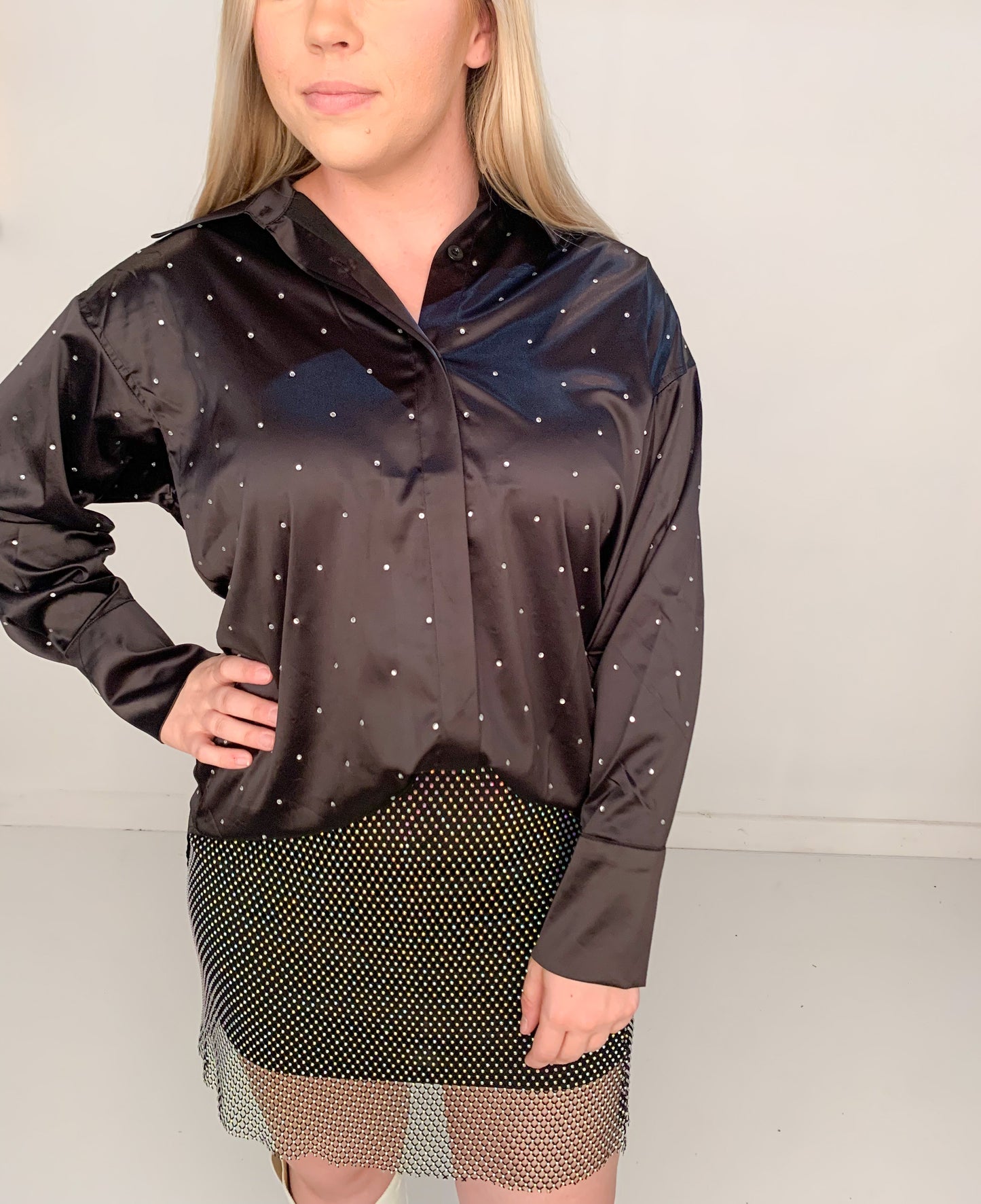 Tulsa Time Satin Rhinestone Button Up, Black