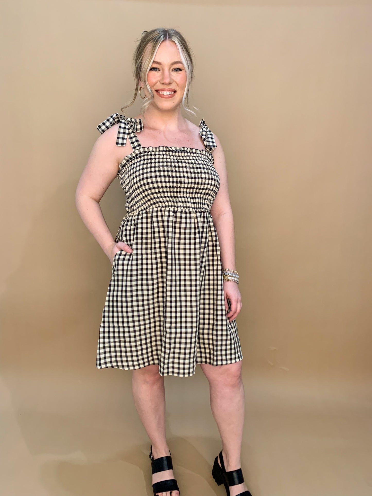 Kinley Gingham Smocked Dress, Black/Tan