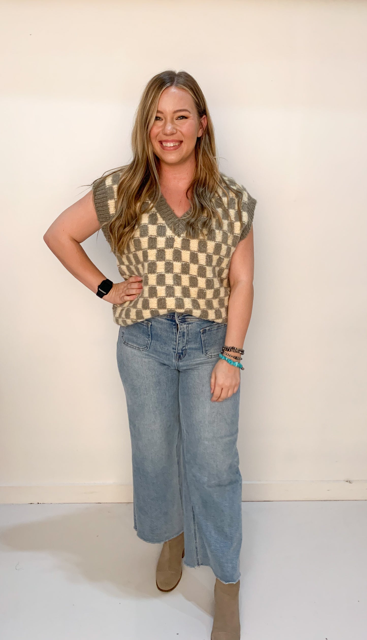Thankful Checkered Pullover, Olive/Ecru