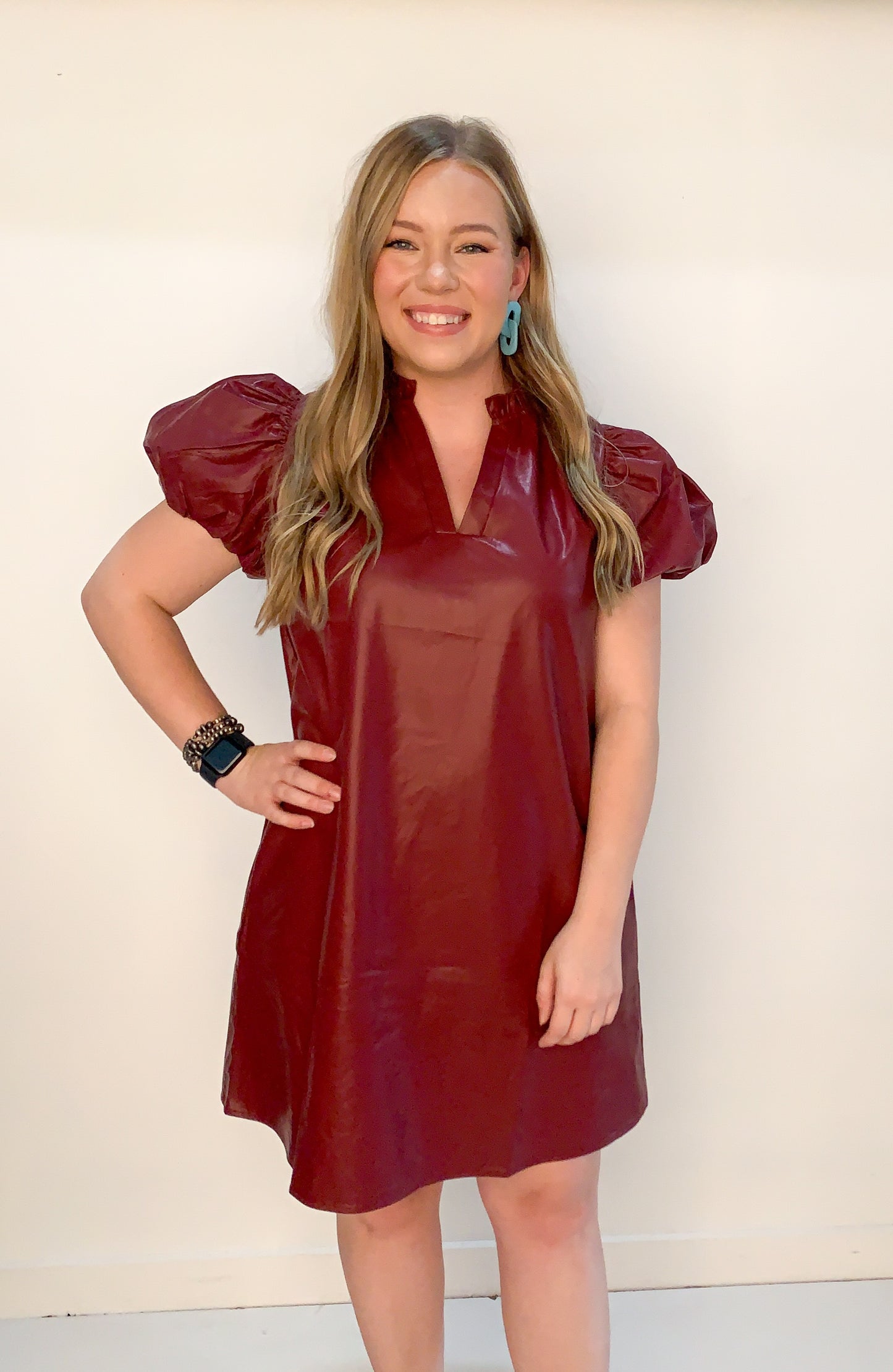 Holly Ruffle Sleeve Leather Dress, Burgundy