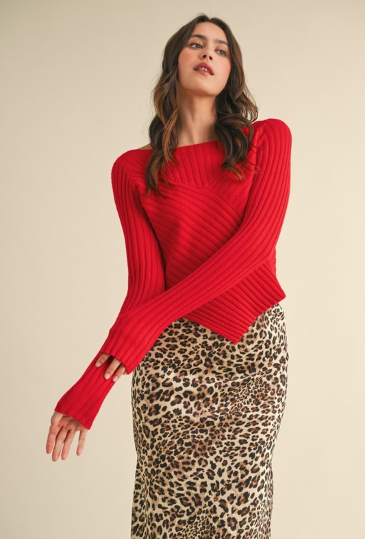 Gracie Pointed Hem Ribbed Sweater, Red