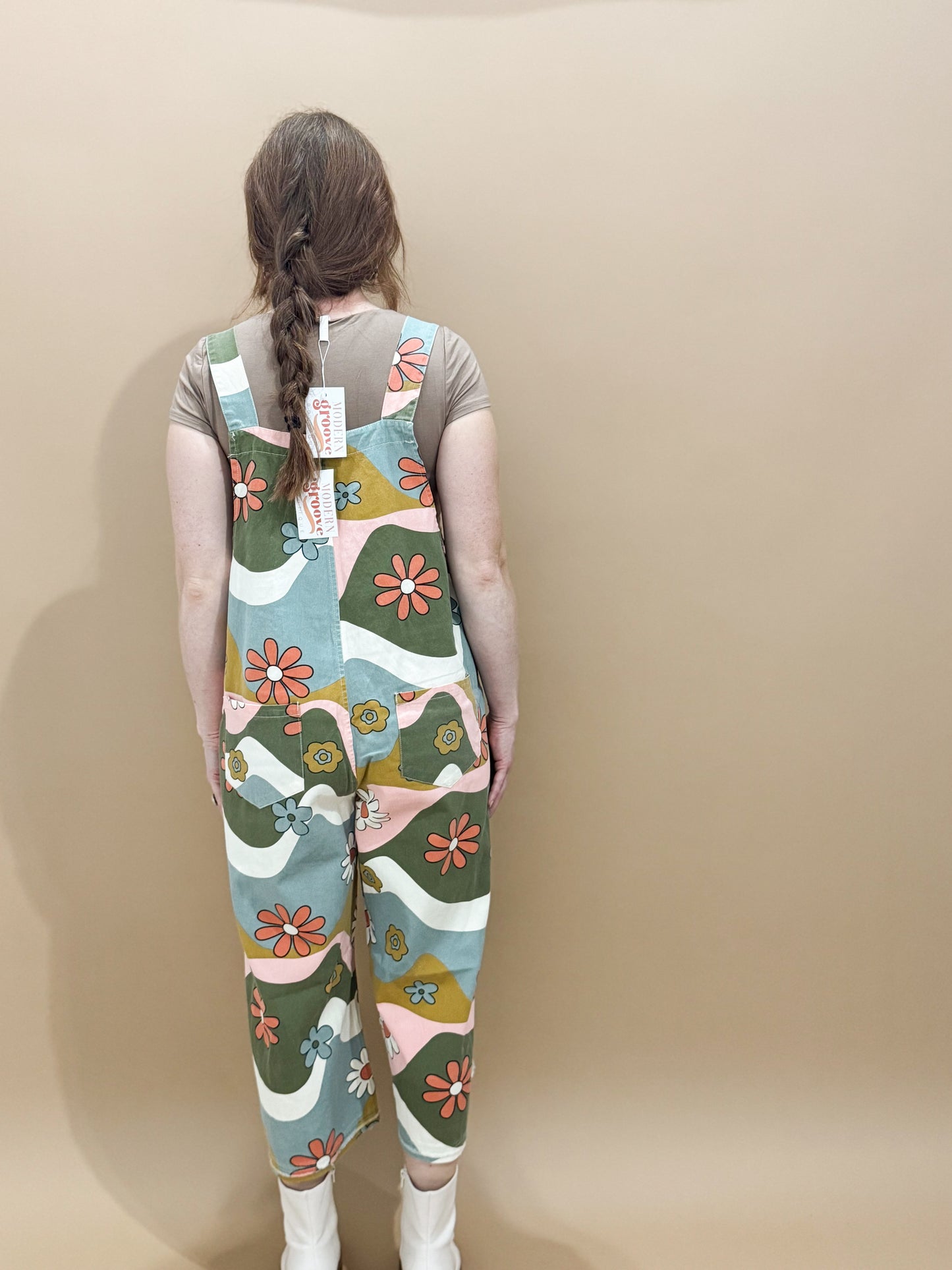 Livi Retro Floral Printed Twill Overalls, Olive / Camel