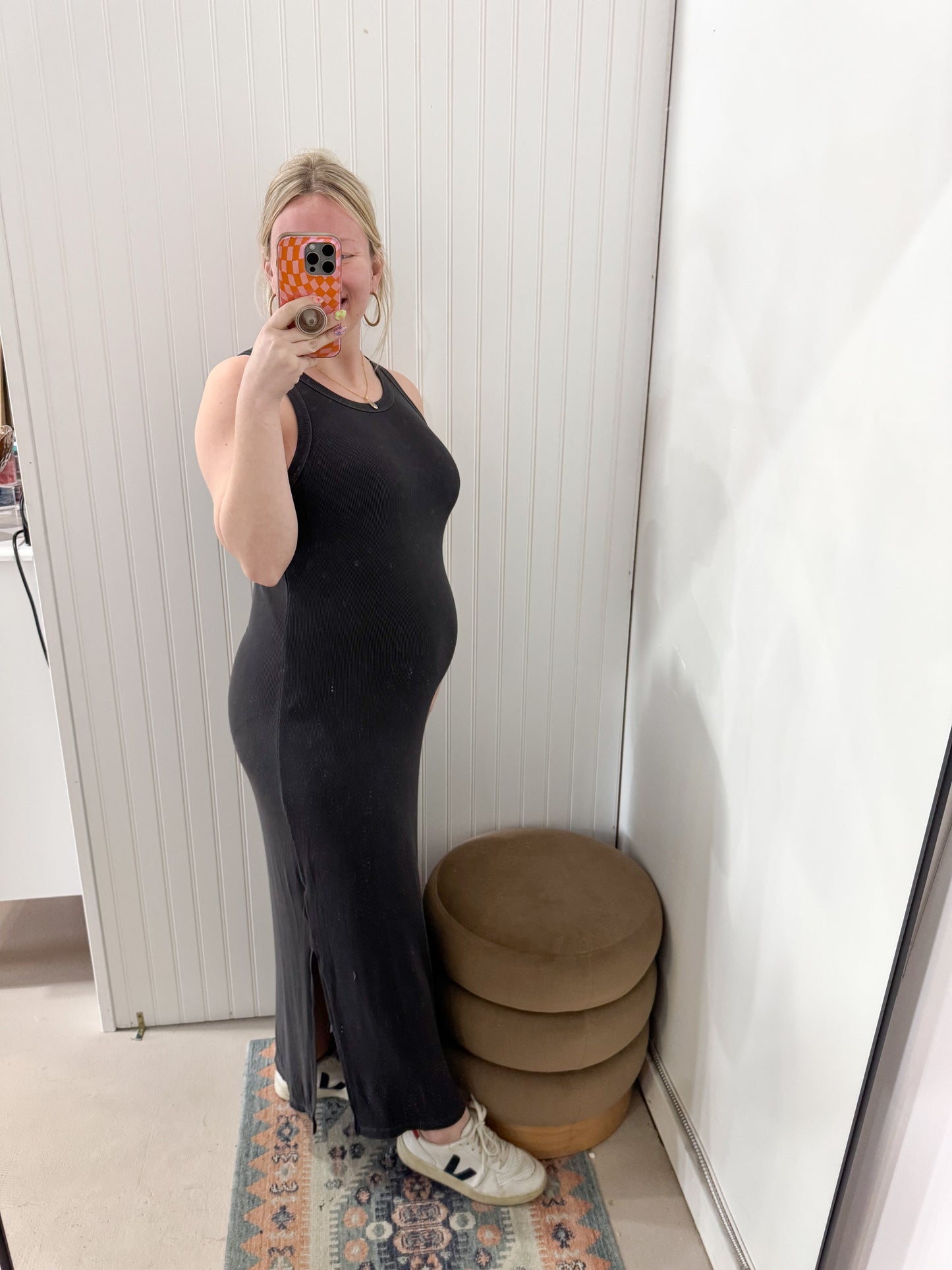 Miranda Ribbed Knit Bodycon Tank Midi Dress, Dark Charcoal