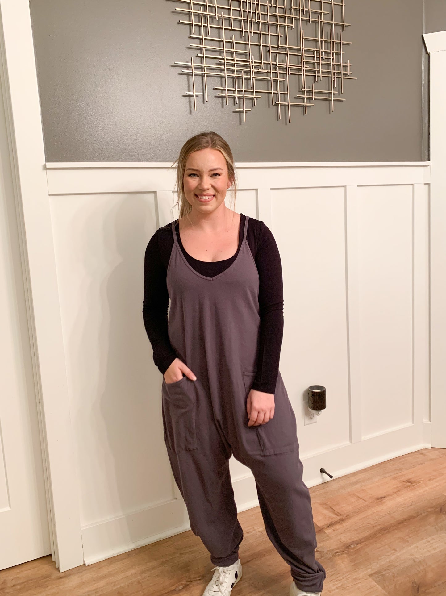 Lillian Ribbed Drop Crotch Jumpsuit, Charcoal