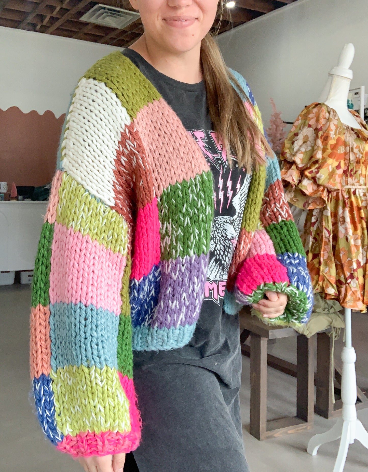 Tate Hand Crochet Chunky Cardigan, Green Multi