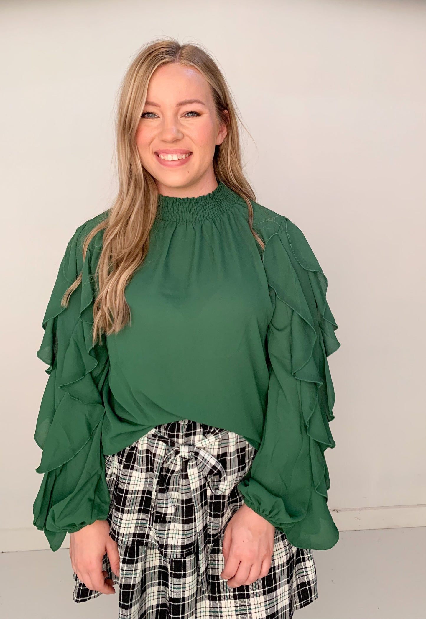 Emily Smocked Mock Neck Ruffle Sleeve Blouse, Hunter Green