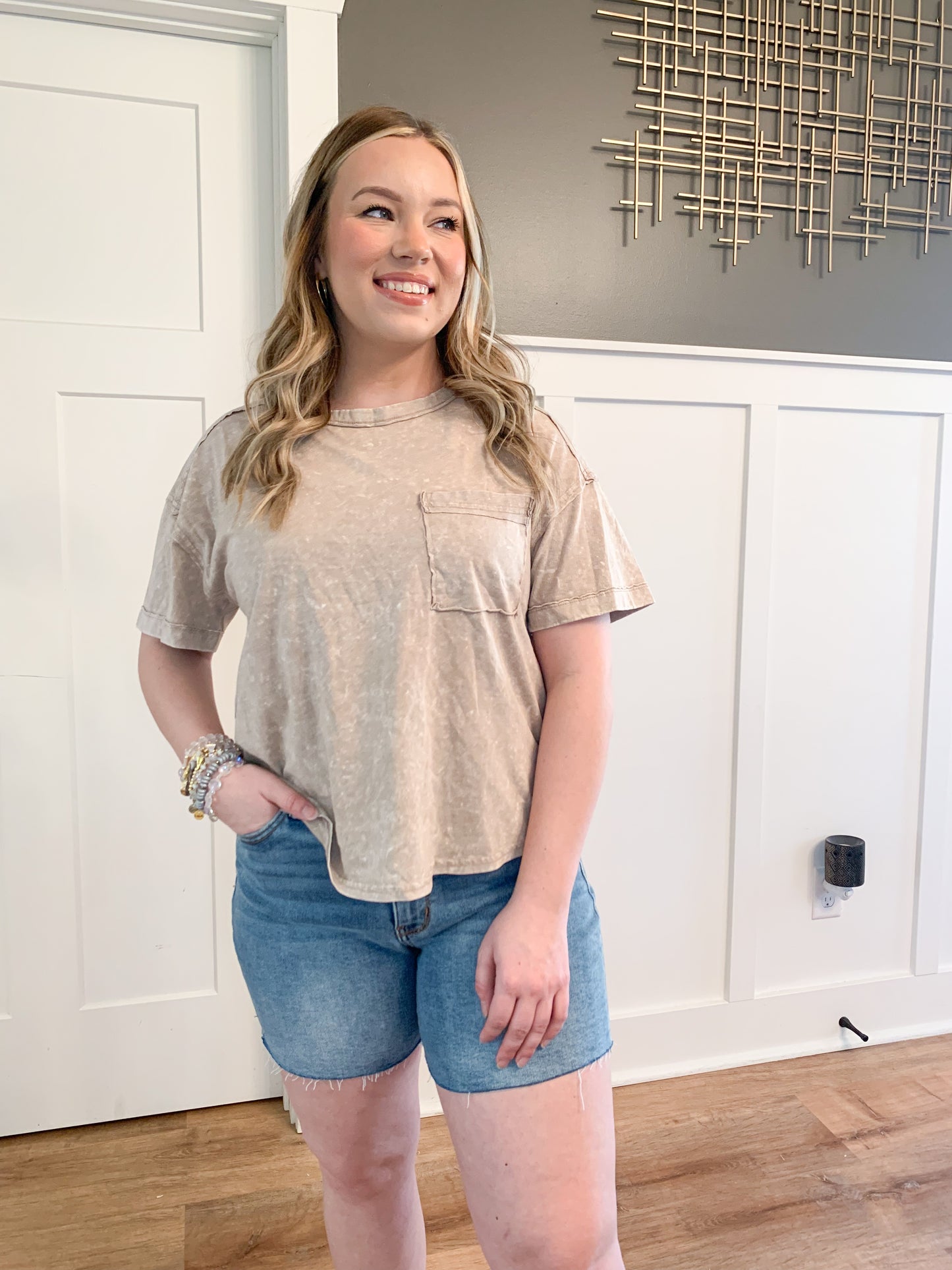 Mildred Acid Wash Pocket Tee, Taupe