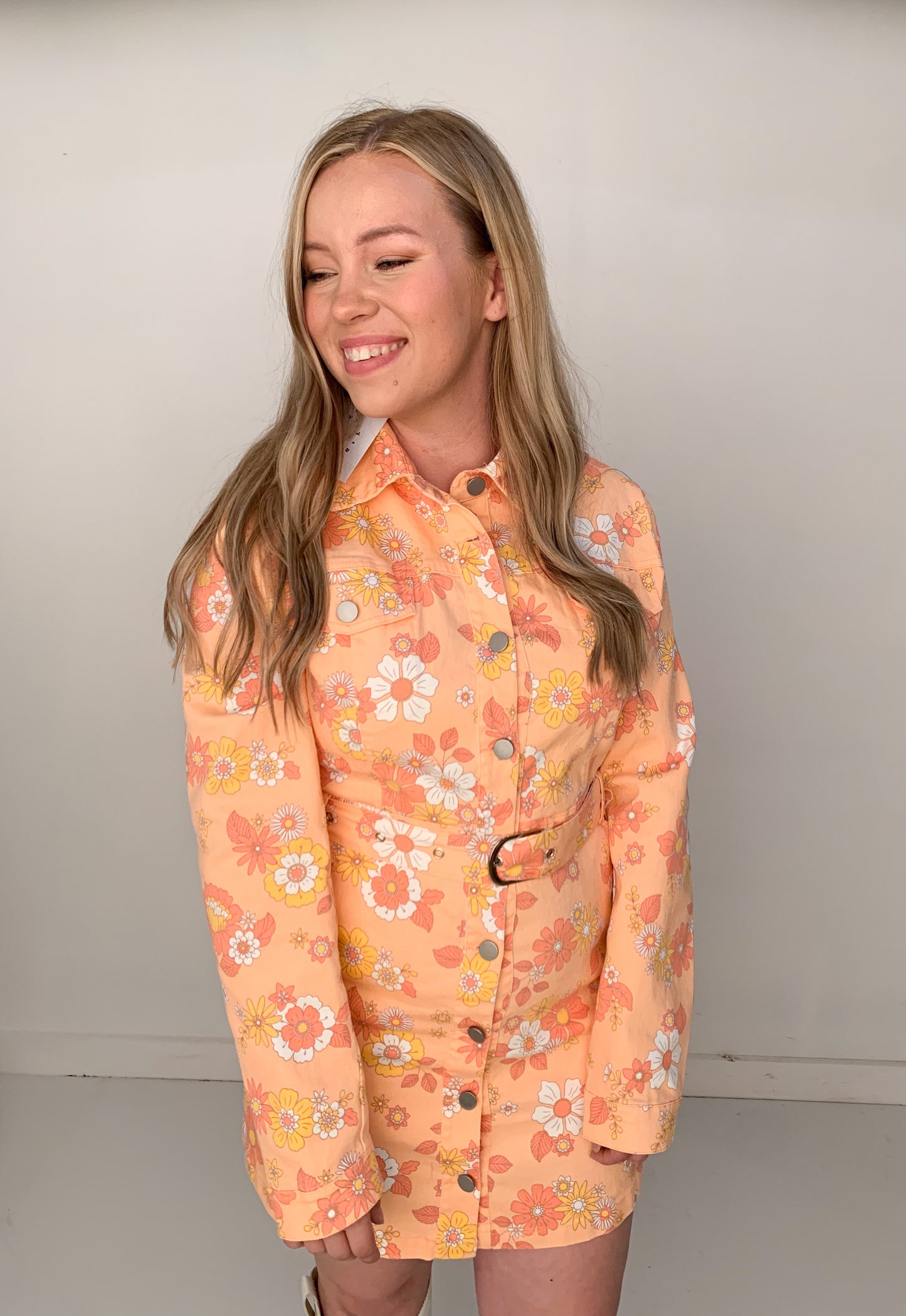 Sam Groovy Floral Print Button Up Mini Dress with Belt, Orange Multi