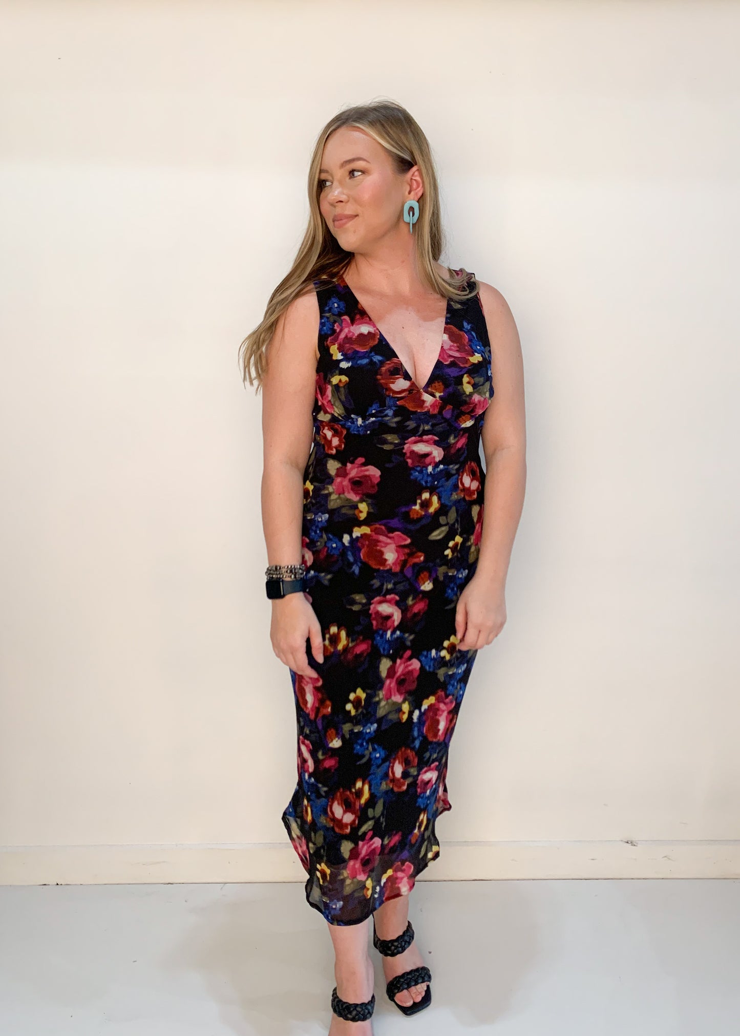 Brittany V-Neck Floral Slip Dress, Black Multi