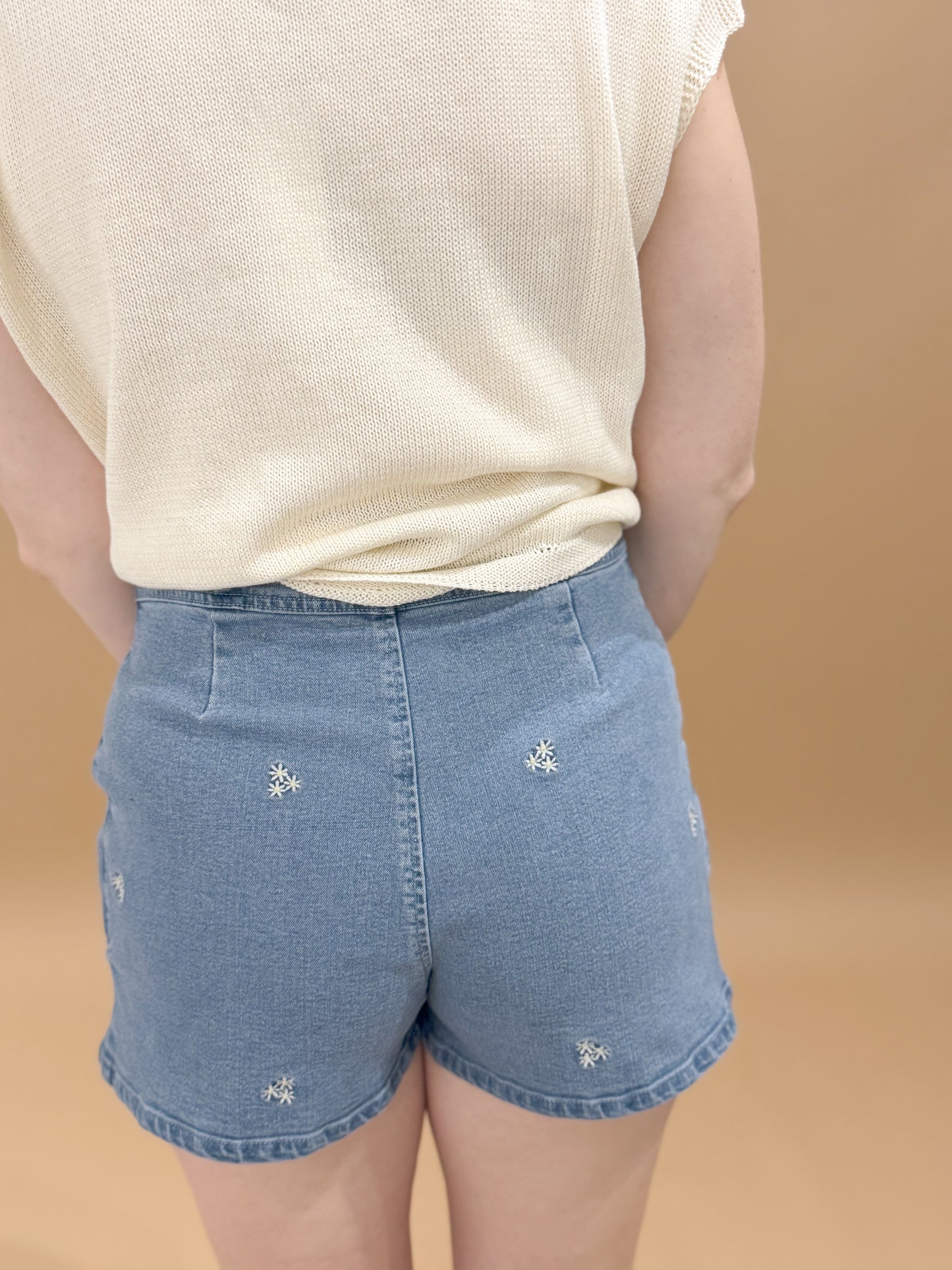 Greta Floral Embroidered Pleated Denim Shorts, Lt Denim