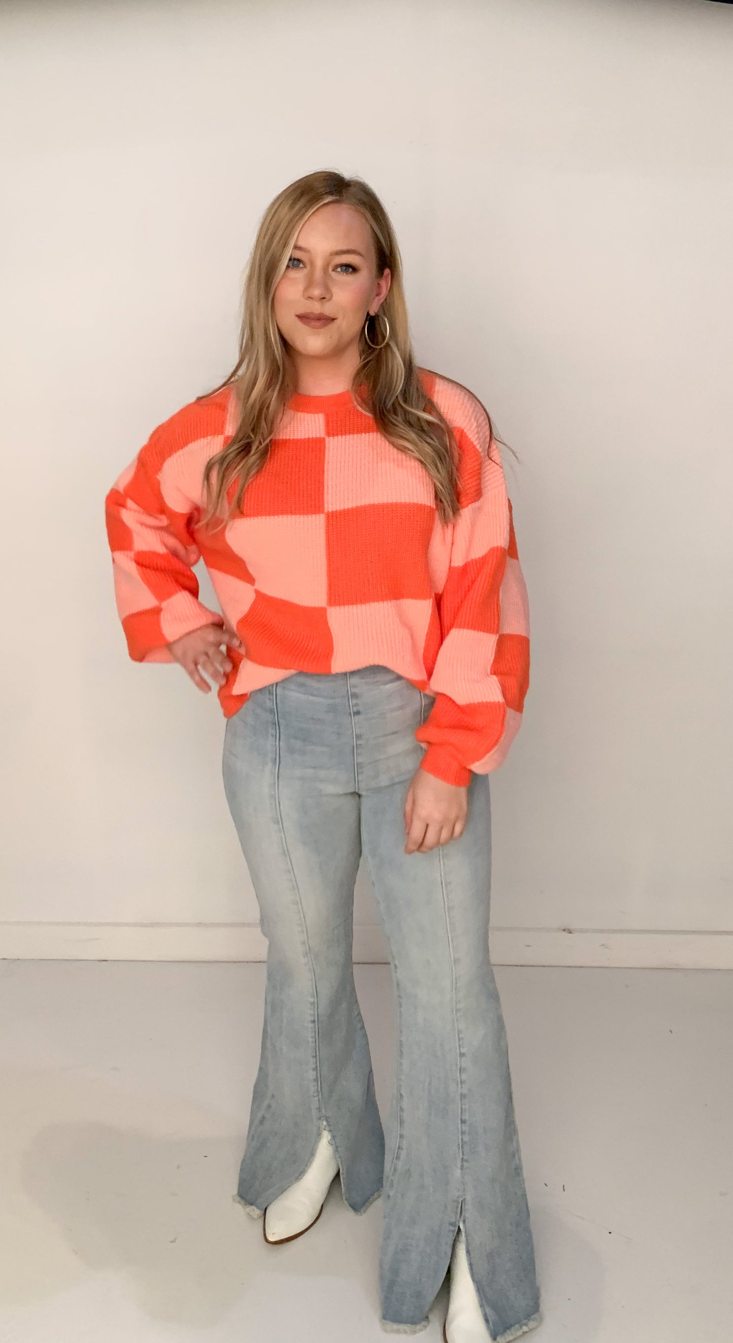 Modern Groove Checkered Sweater, Orange Apricot