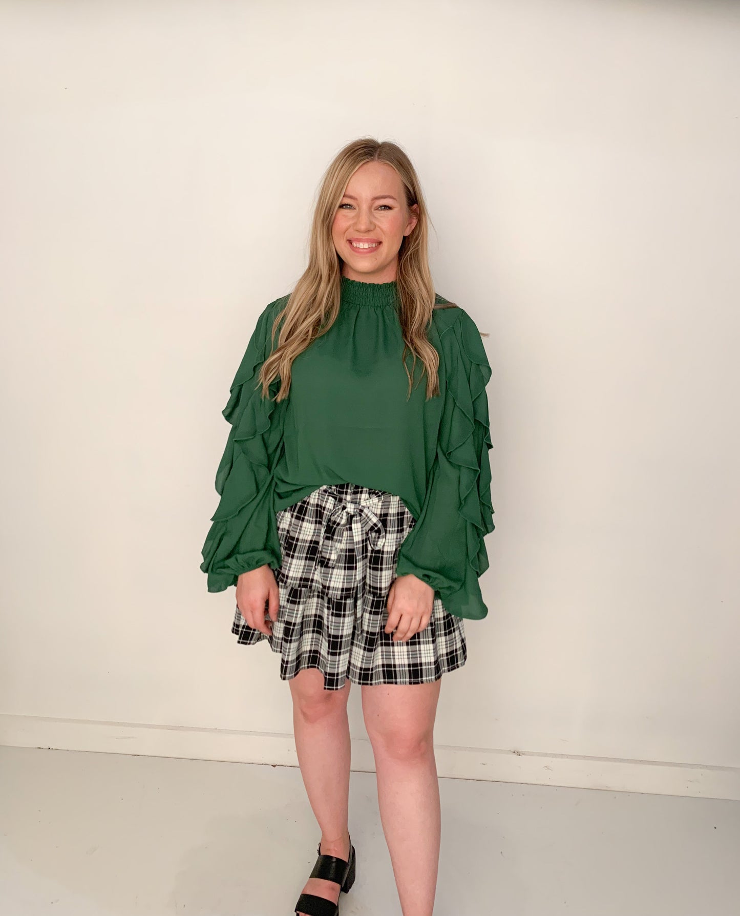 Emily Smocked Mock Neck Ruffle Sleeve Blouse, Hunter Green