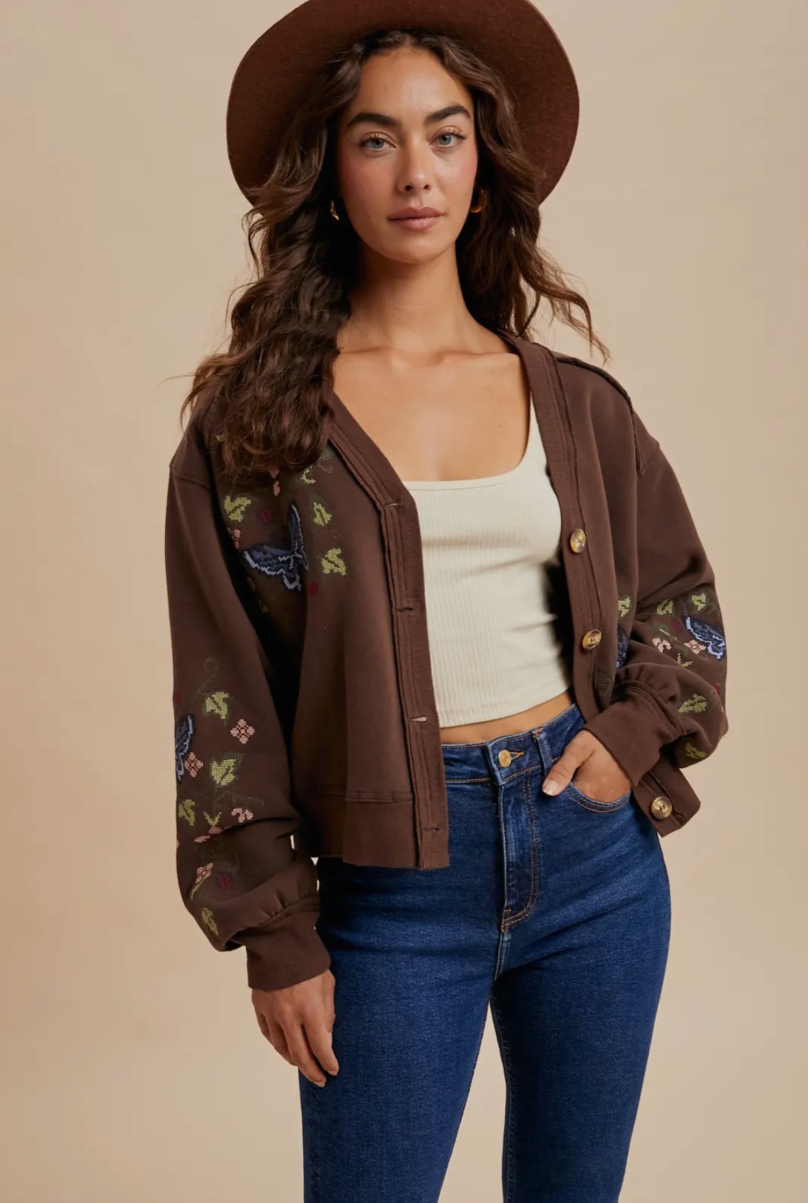 Roan Butterfly Embroidered Cardigan, Chestnut