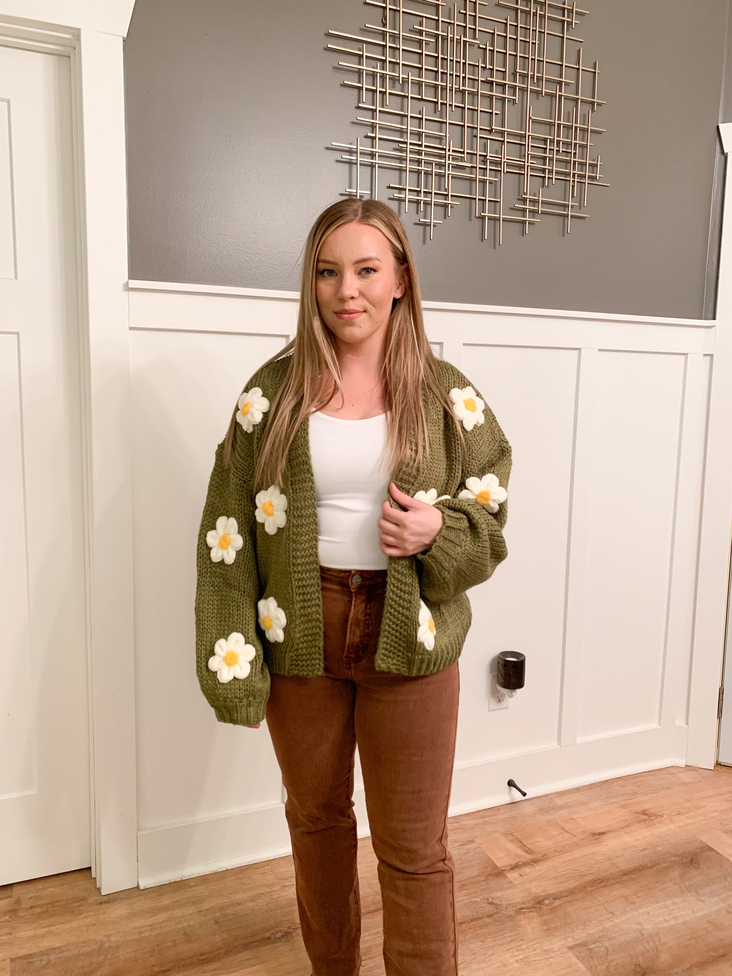 Olli Knit Bubble Sleeve Floral Cardigan, Olive