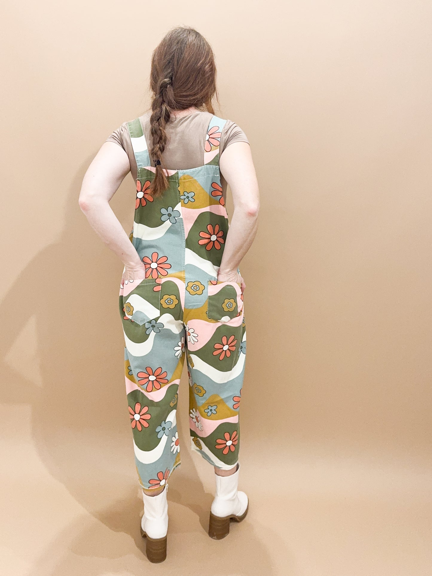 Livi Retro Floral Printed Twill Overalls, Olive / Camel