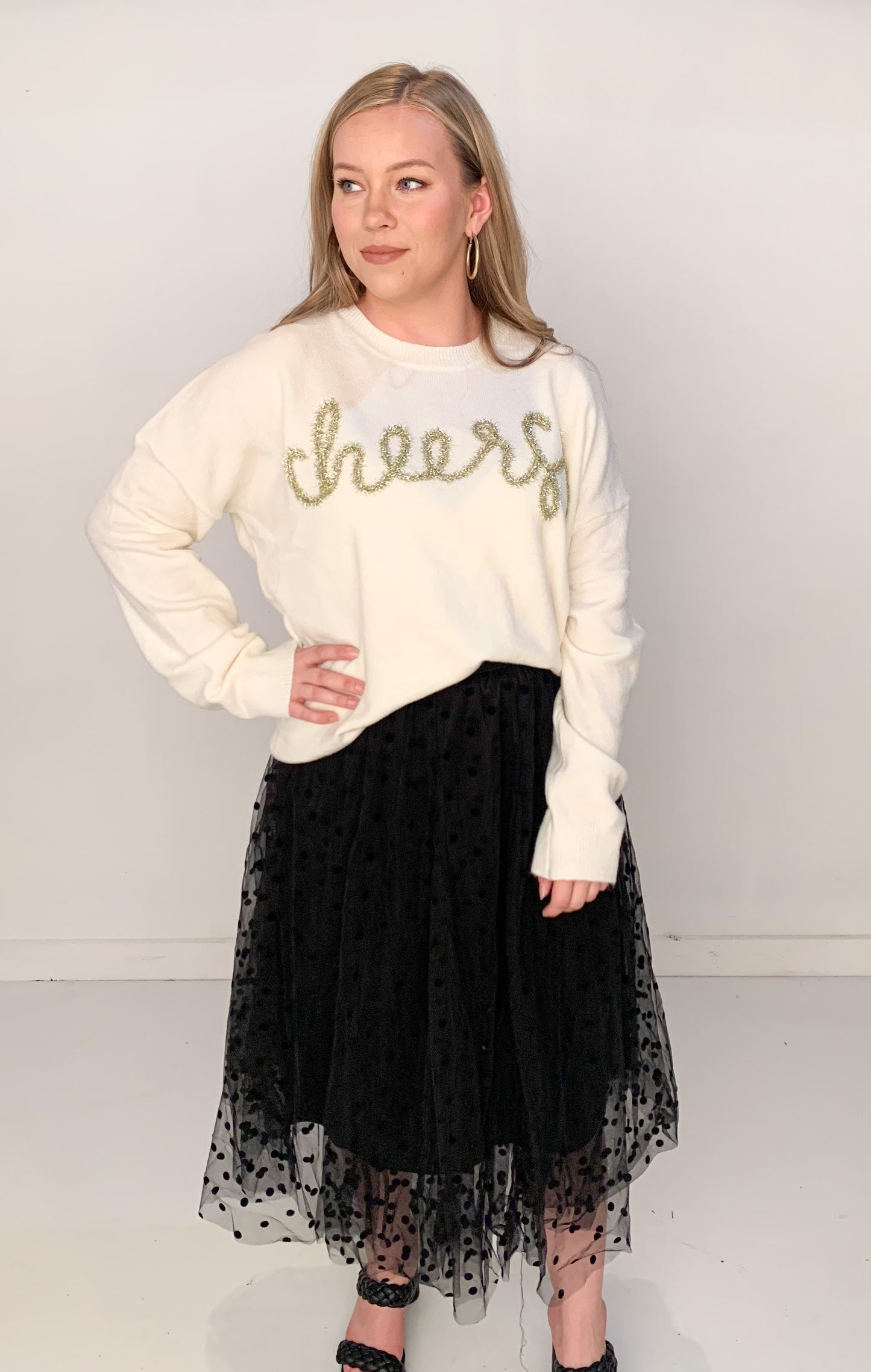 Cheers Tinsel Sweater, Cream